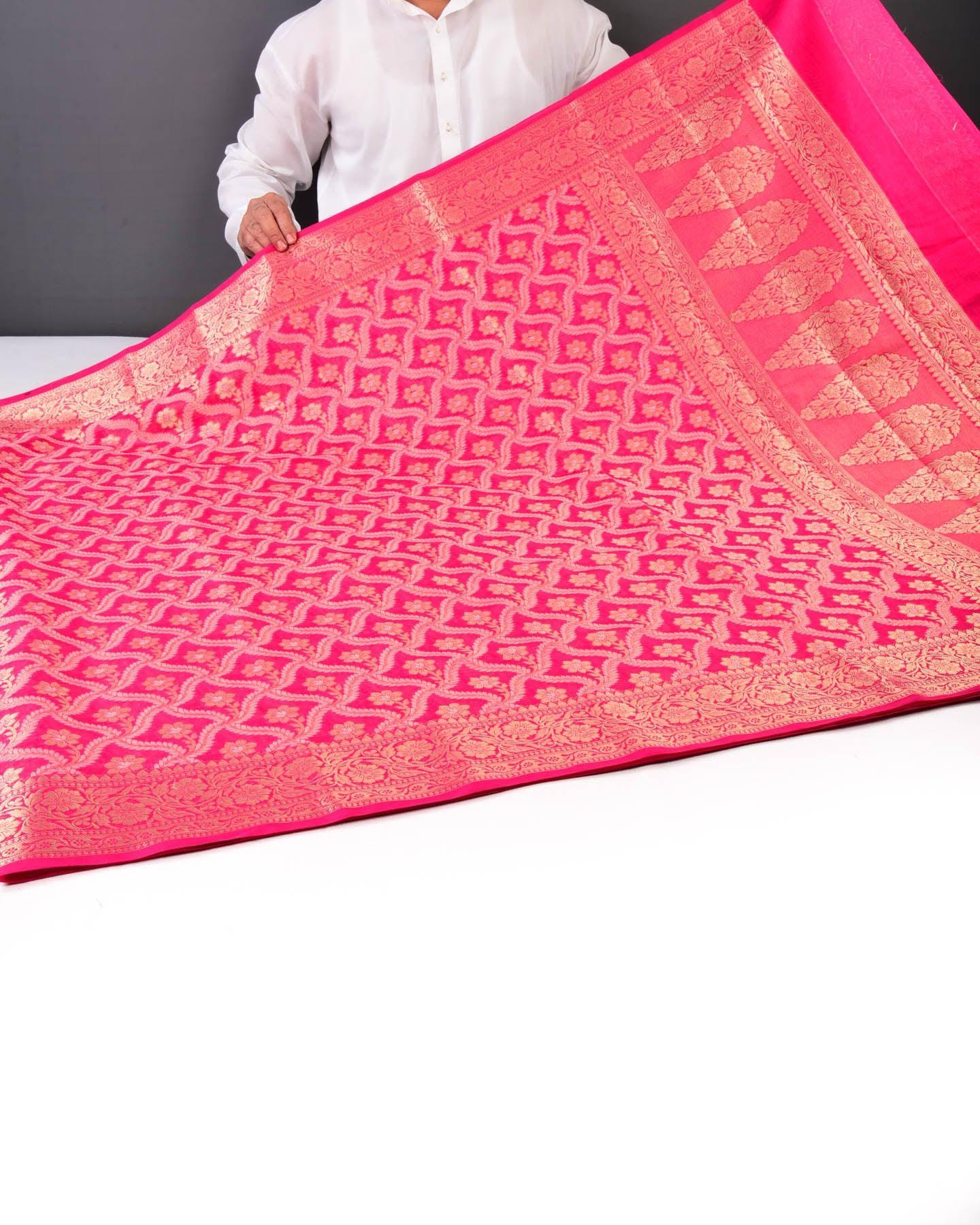 Rani Pink Banarasi Zari and Resham Jaal Cutwork Brocade Woven Cotton Silk Saree - By HolyWeaves, Benares