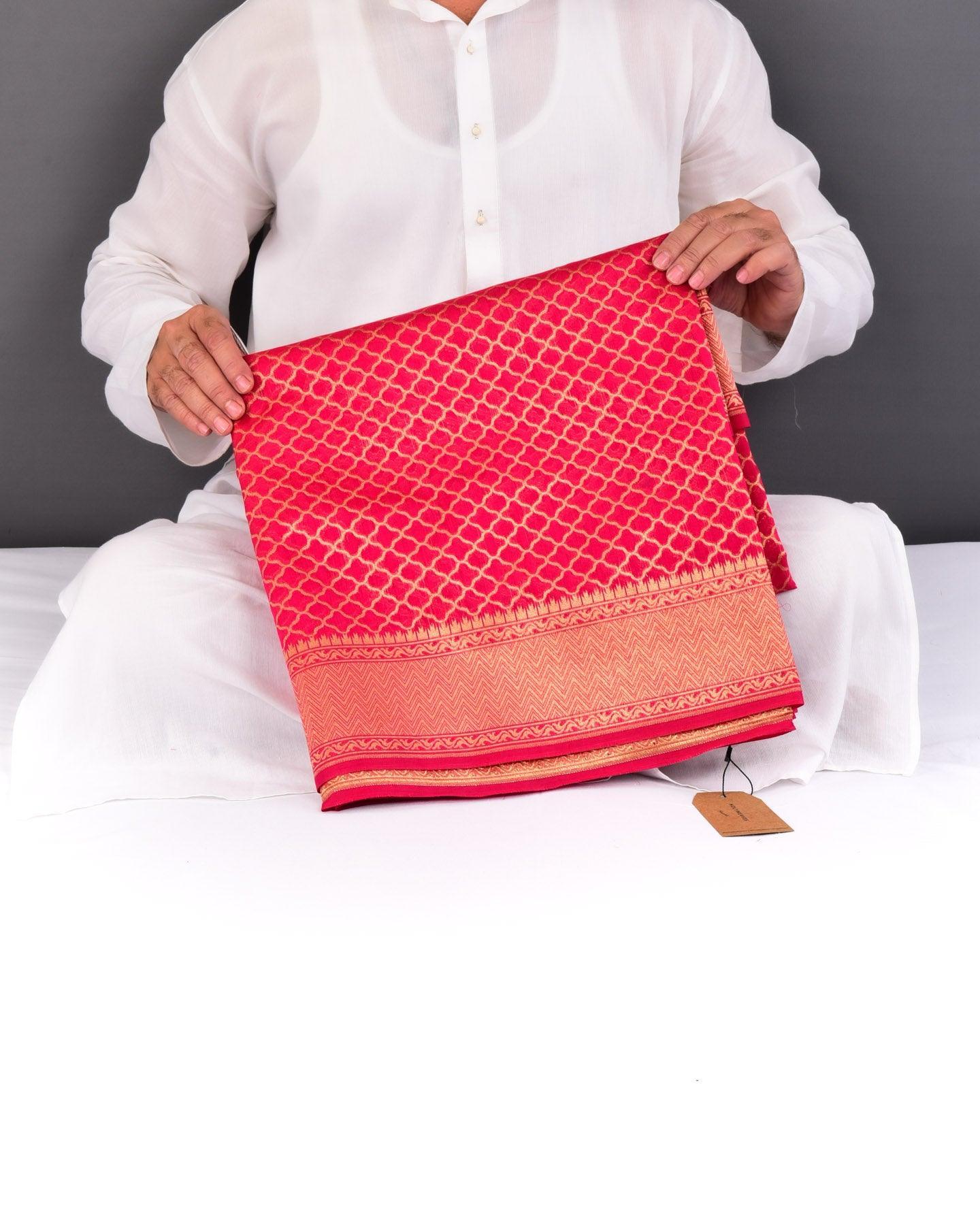 Rani Pink Banarasi Zari Grids Cutwork Brocade Woven Cotton Silk Saree - By HolyWeaves, Benares