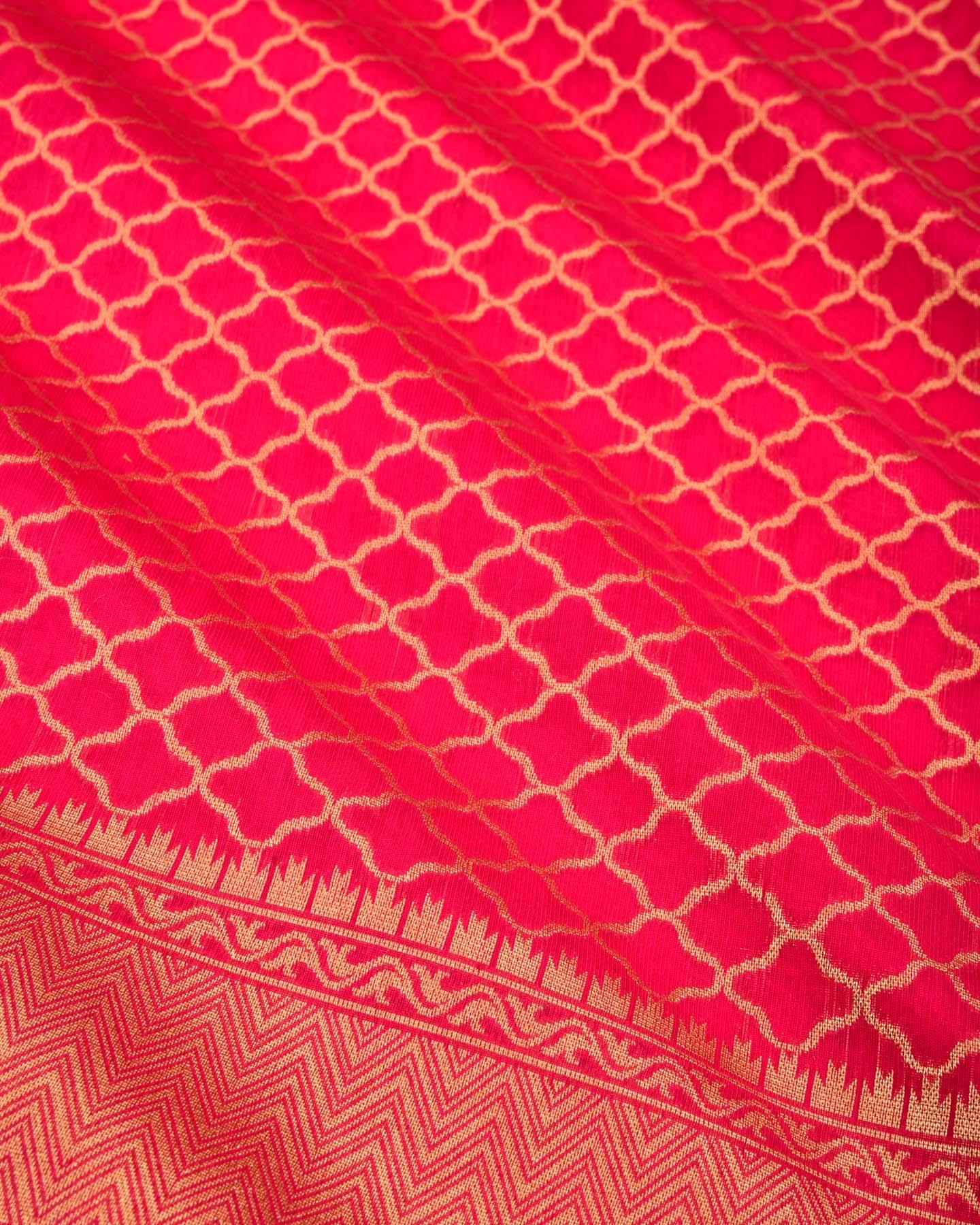 Rani Pink Banarasi Zari Grids Cutwork Brocade Woven Cotton Silk Saree - By HolyWeaves, Benares