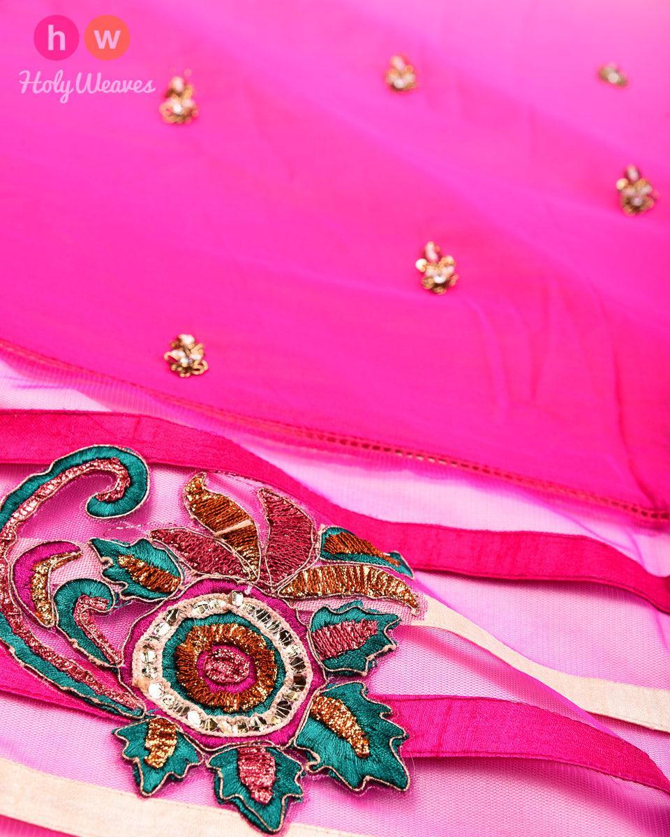 Rani Pink Hand-embroidered Georgette Saree - By HolyWeaves, Benares
