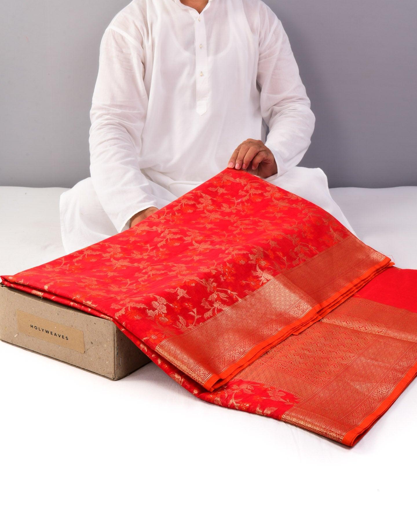 Red Banarasi Alfi Meena Jaal Cutwork Brocade Woven Cotton Silk Saree - By HolyWeaves, Benares