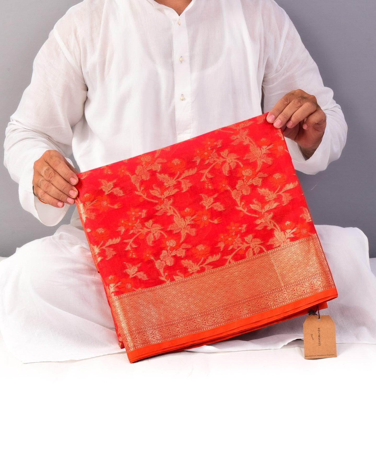 Red Banarasi Alfi Meena Jaal Cutwork Brocade Woven Cotton Silk Saree - By HolyWeaves, Benares
