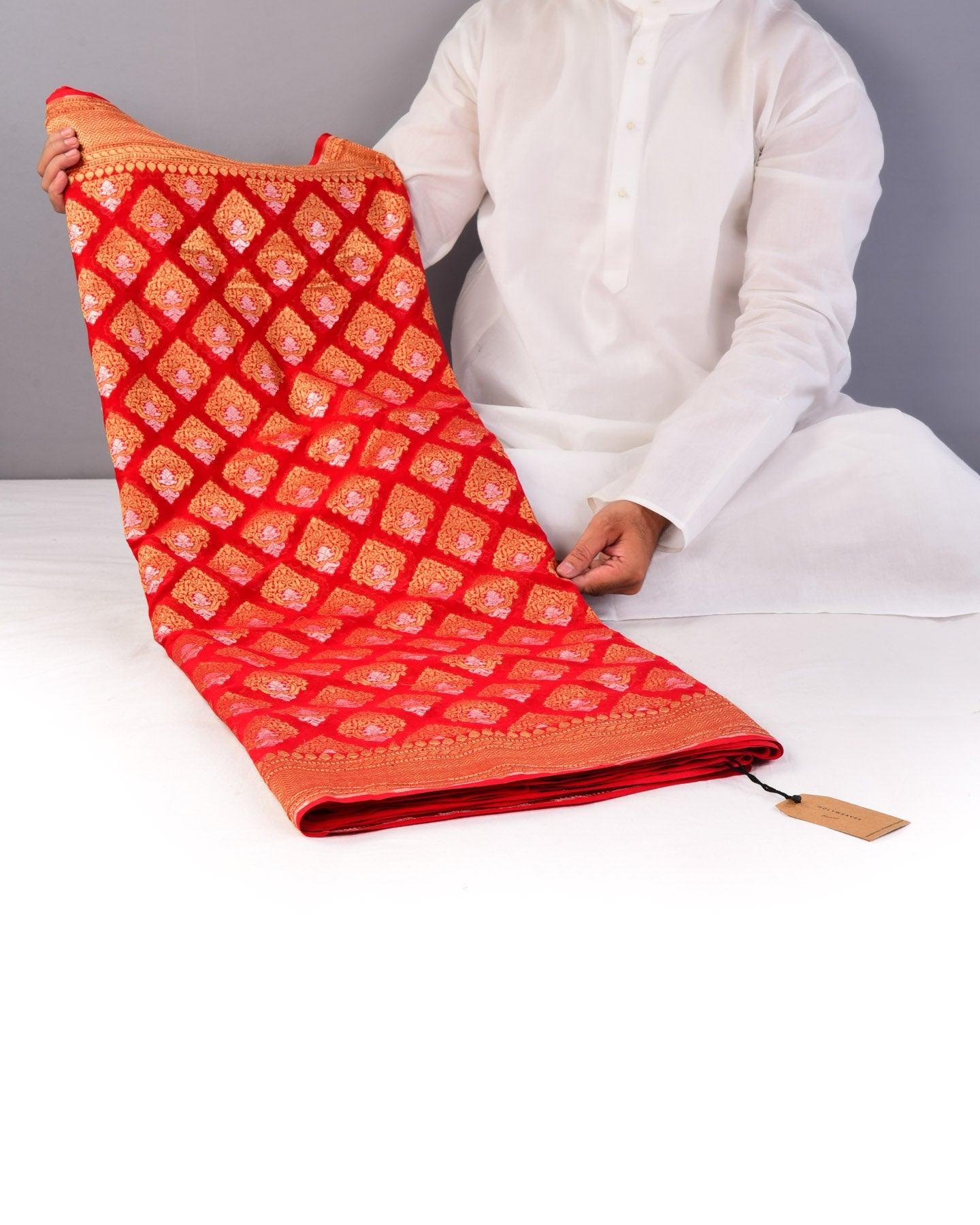 Red Banarasi Alfi Sona Rupa Buti Cutwork Brocade Handwoven Khaddi Georgette Saree - By HolyWeaves, Benares