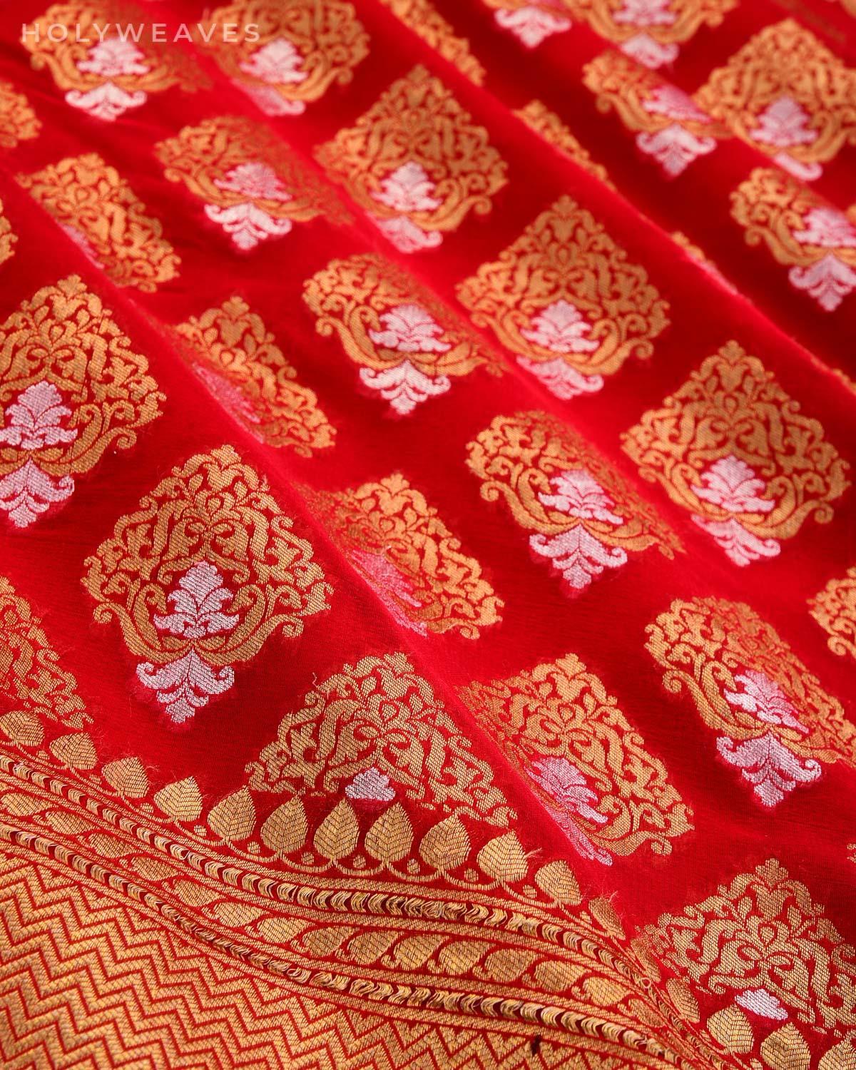 Red Banarasi Alfi Sona Rupa Buti Cutwork Brocade Handwoven Khaddi Georgette Saree - By HolyWeaves, Benares