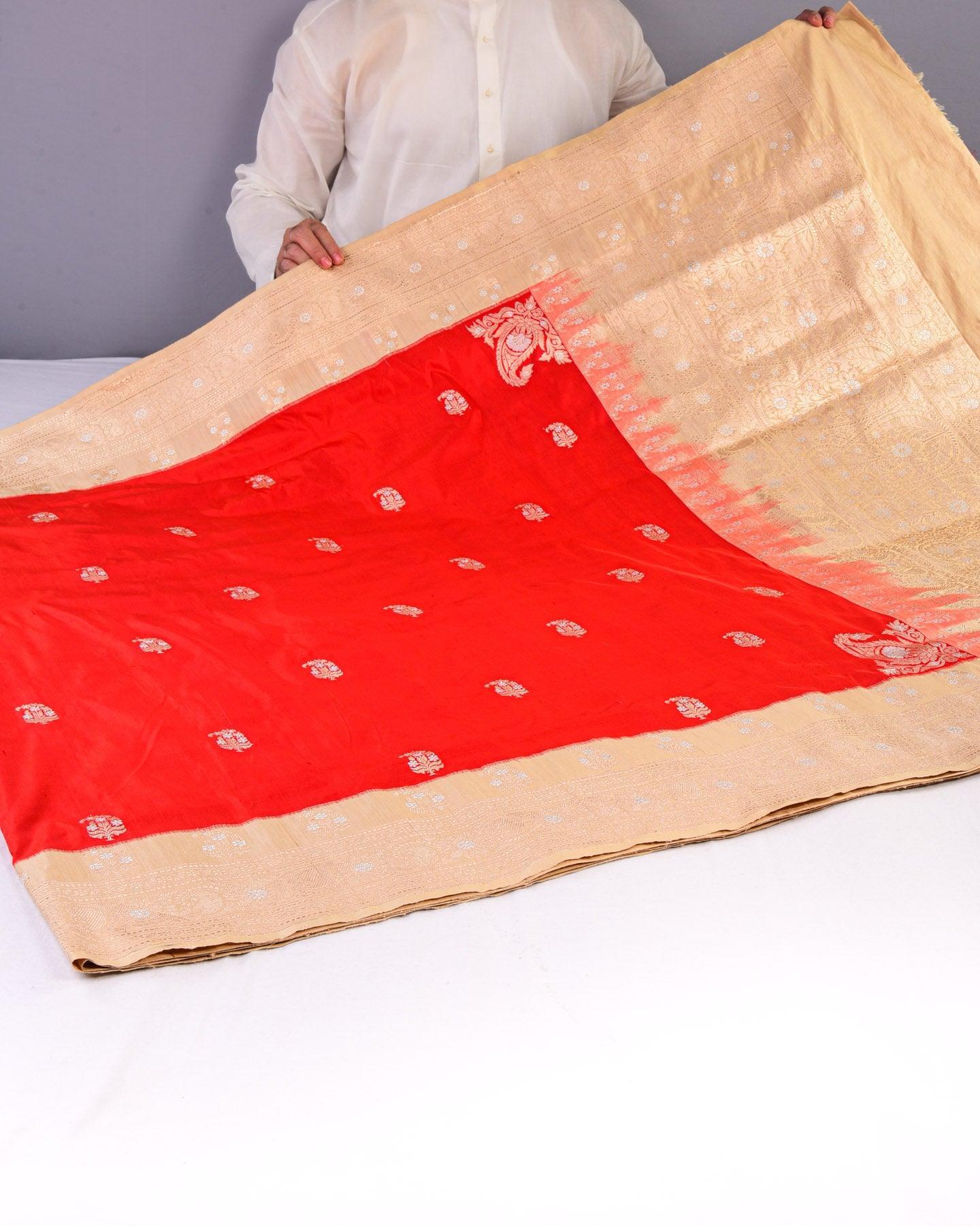 Red Banarasi Alfi Sona Rupa Buti Kadhuan Brocade Handwoven Katan Silk Saree with Tasar Brocade Border Pallu - By HolyWeaves, Benares