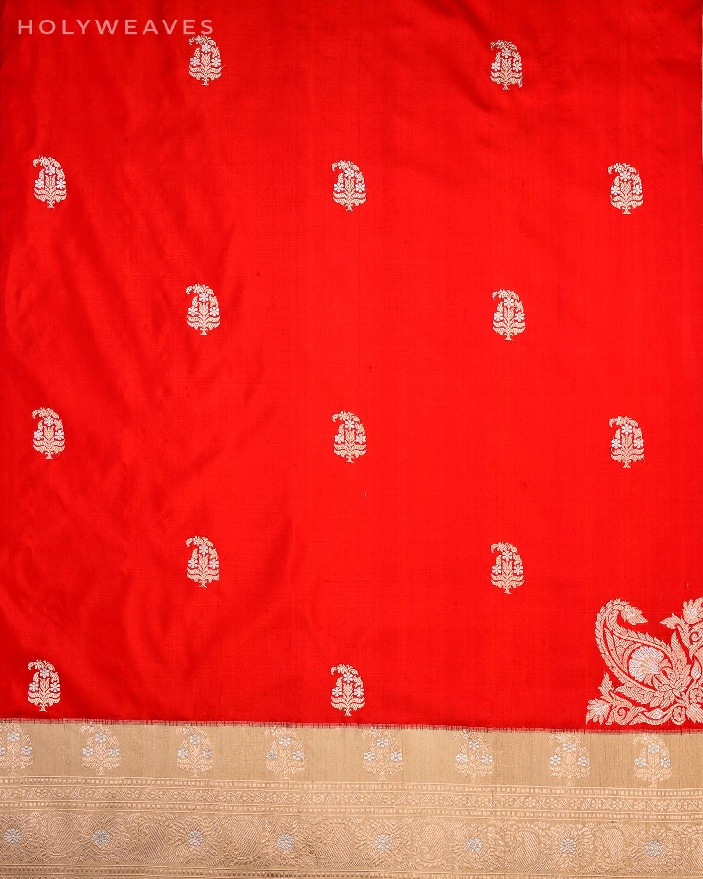 Red Banarasi Alfi Sona Rupa Buti Kadhuan Brocade Handwoven Katan Silk Saree with Tasar Brocade Border Pallu - By HolyWeaves, Benares