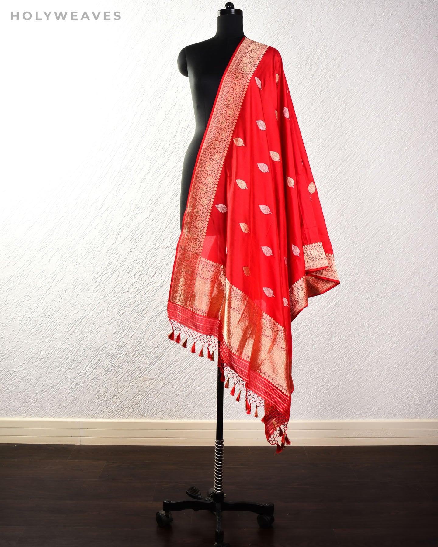 Red Banarasi Alfi Sona Rupa Kadhuan Brocade Handwoven Katan Silk Dupatta - By HolyWeaves, Benares