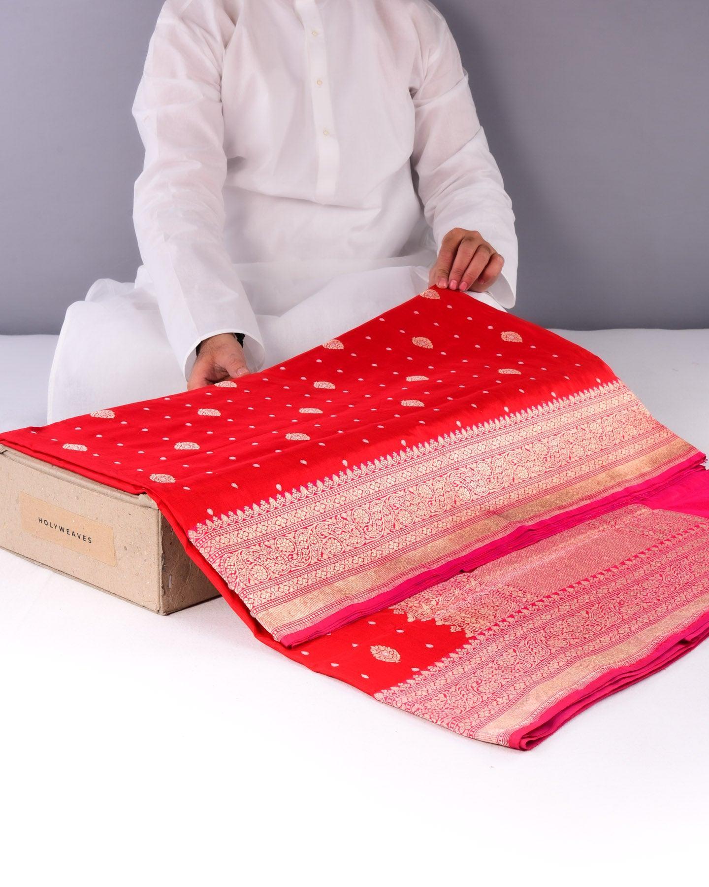 Red Banarasi Alfi Sona Rupa Kadhuan Brocade Handwoven Katan Silk Saree - By HolyWeaves, Benares