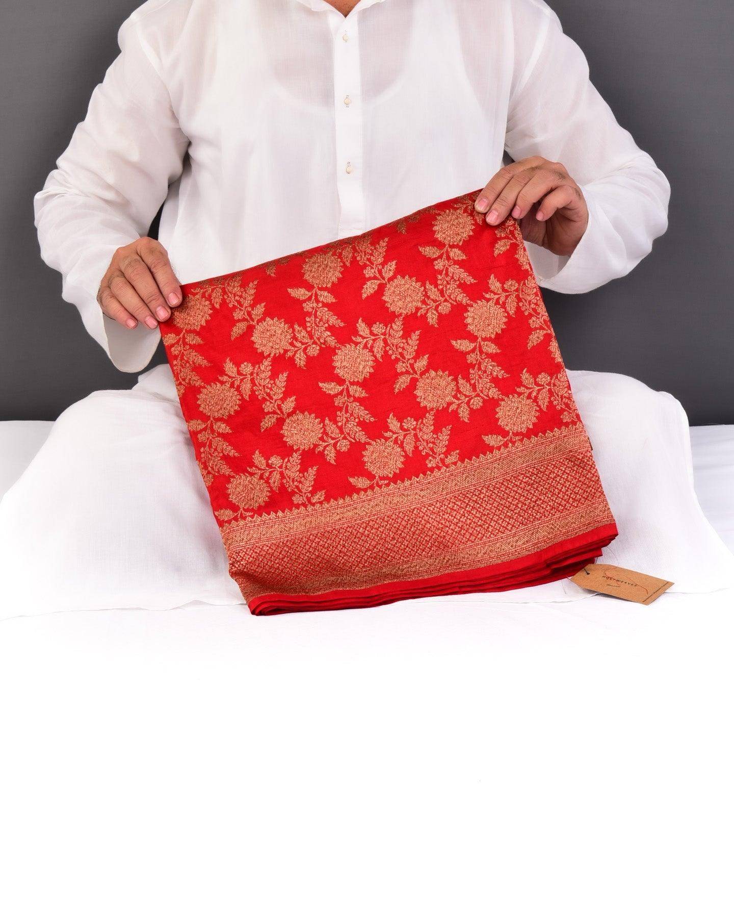 Red Banarasi Antique Zari Jaal Cutwork Brocade Handwoven Katan Silk Saree - By HolyWeaves, Benares