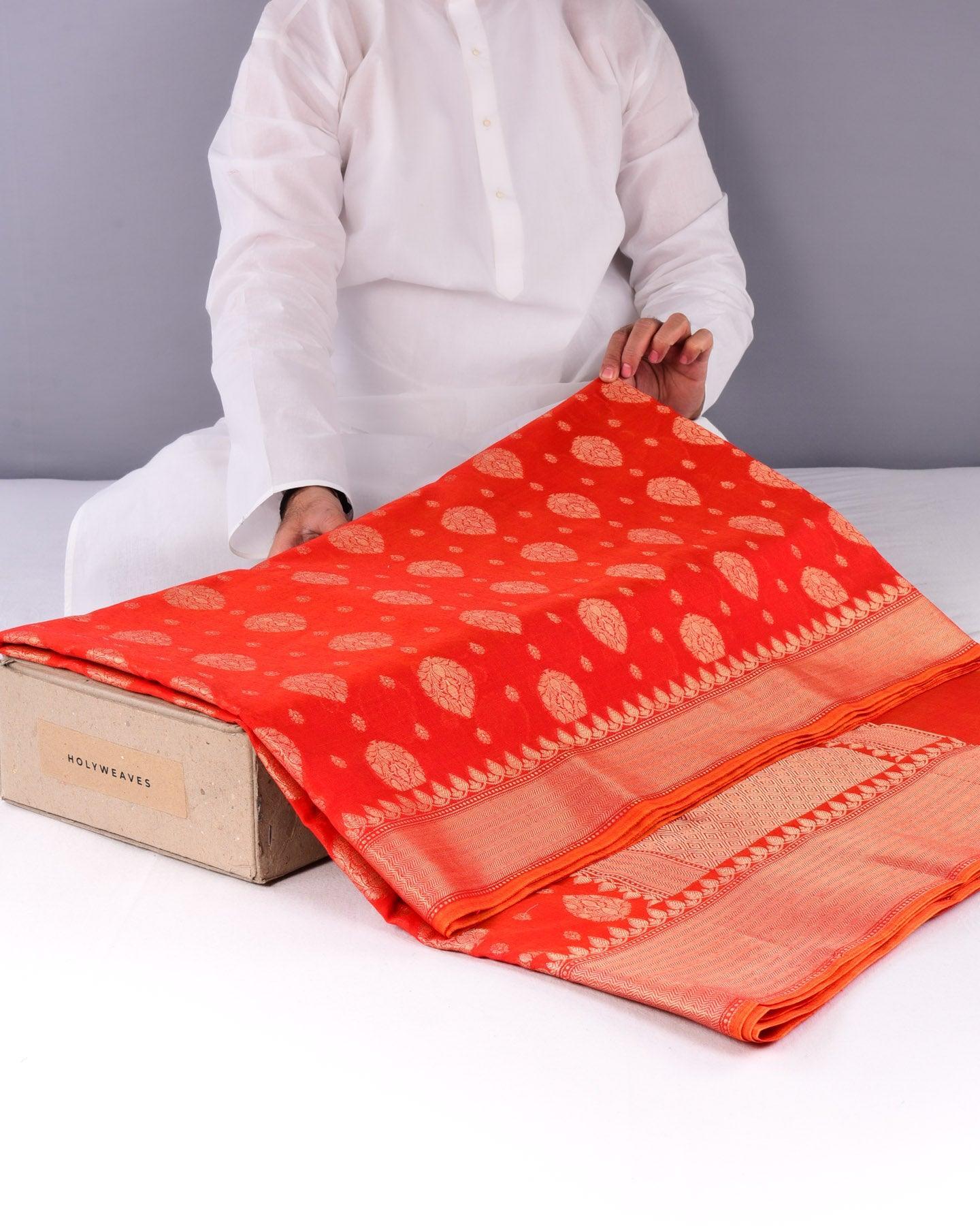 Red Banarasi Badi-Chhoti Zari Buti Cutwork Brocade Woven Cotton Silk Saree - By HolyWeaves, Benares