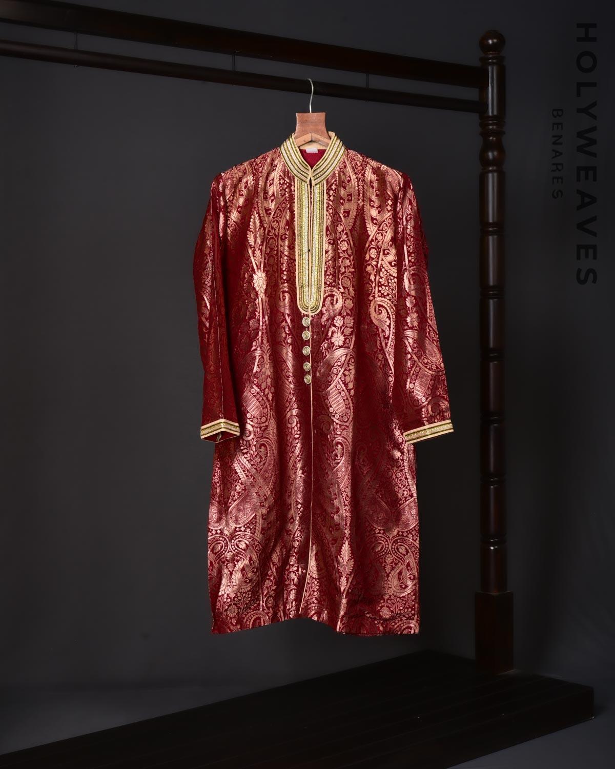 Red Banarasi Brocade Katan Silk Mens Kurta Pyjama - By HolyWeaves, Benares