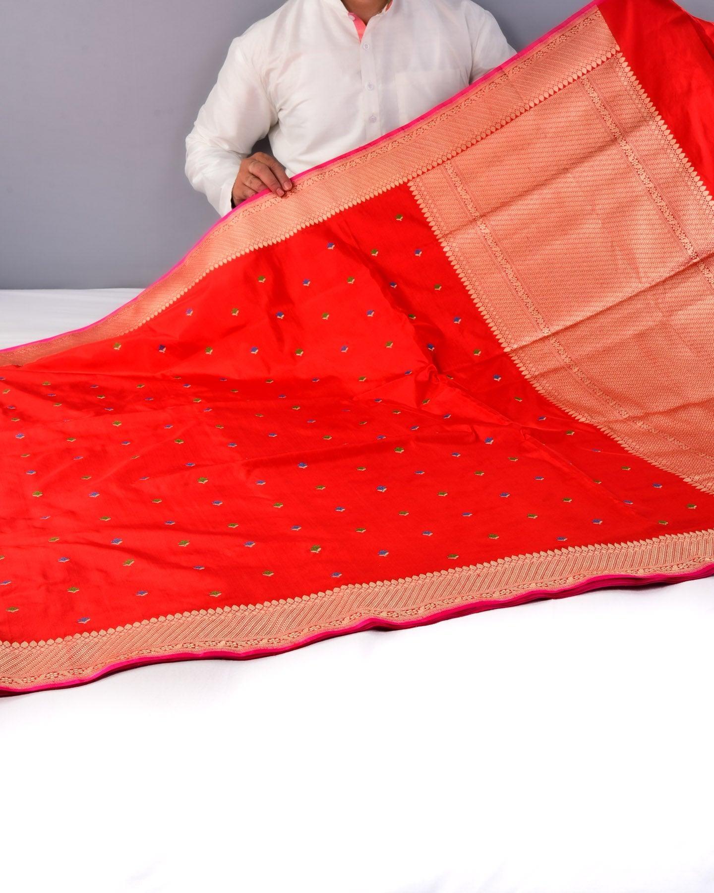 Red Banarasi Buti Alfi Kadhuan Brocade Handwoven Katan Silk Saree - By HolyWeaves, Benares