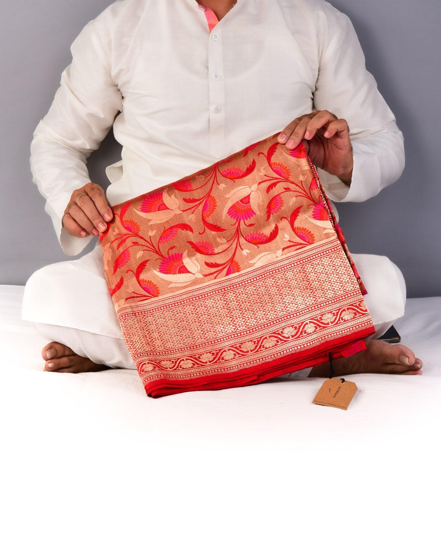 Red Banarasi Chauhara Meena Jaal Cutwork Brocade Handwoven Katan Tissue Saree - By HolyWeaves, Benares