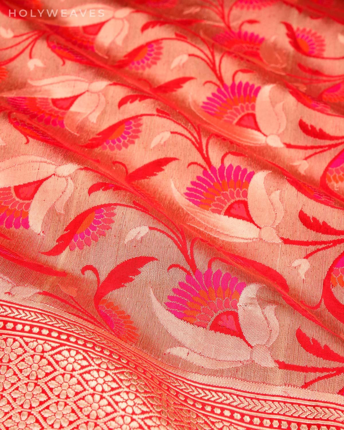 Red Banarasi Chauhara Meena Jaal Cutwork Brocade Handwoven Katan Tissue Saree - By HolyWeaves, Benares