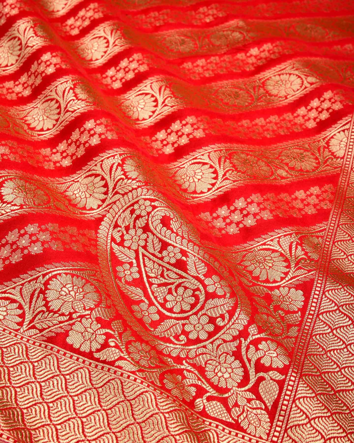 Red Banarasi Diagonal Aada Jaal Cutwork Brocade Woven Art Silk Saree - By HolyWeaves, Benares