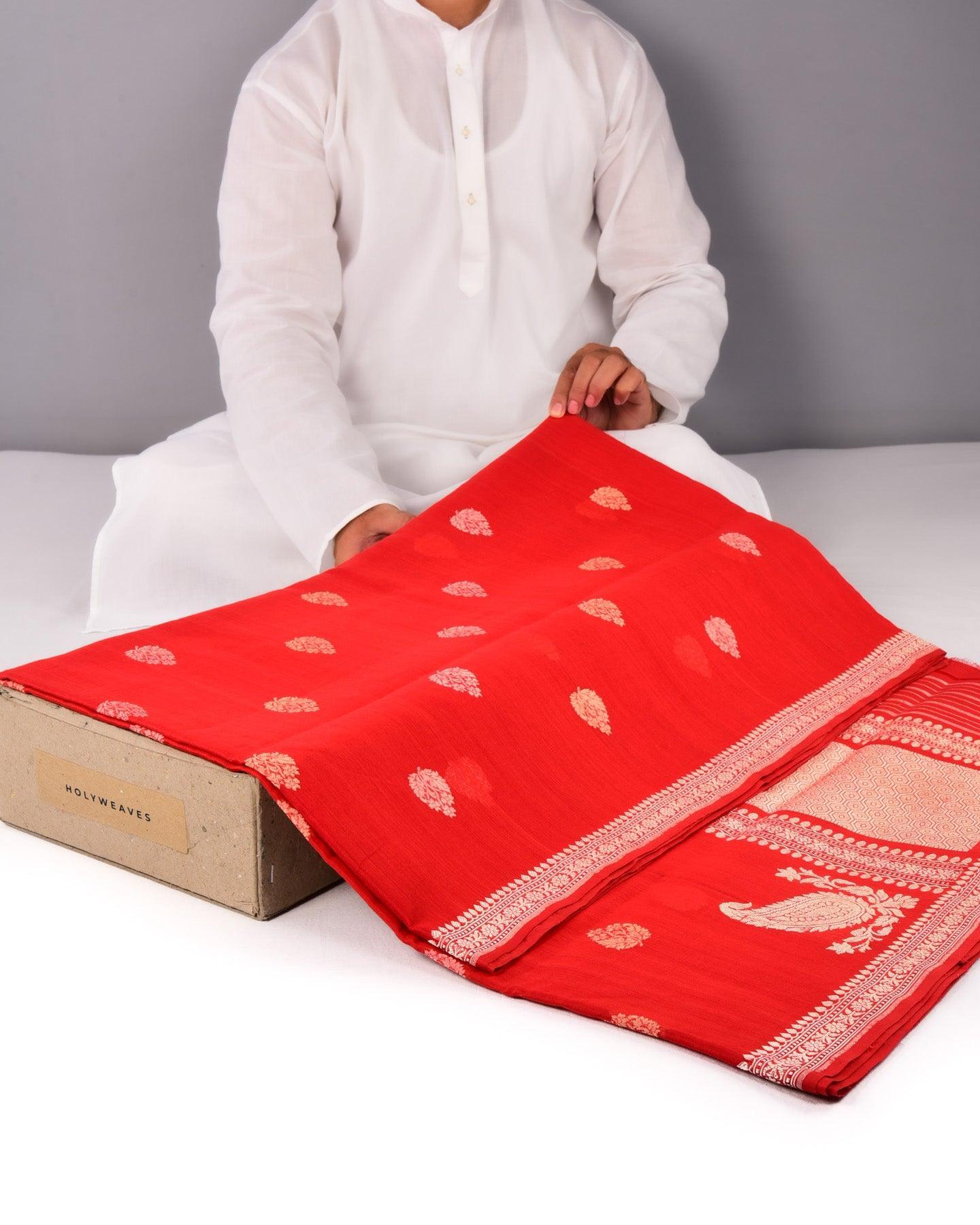 Red Banarasi Ektara Buti Kadhuan Brocade Handloom Cotton Saree - By HolyWeaves, Benares