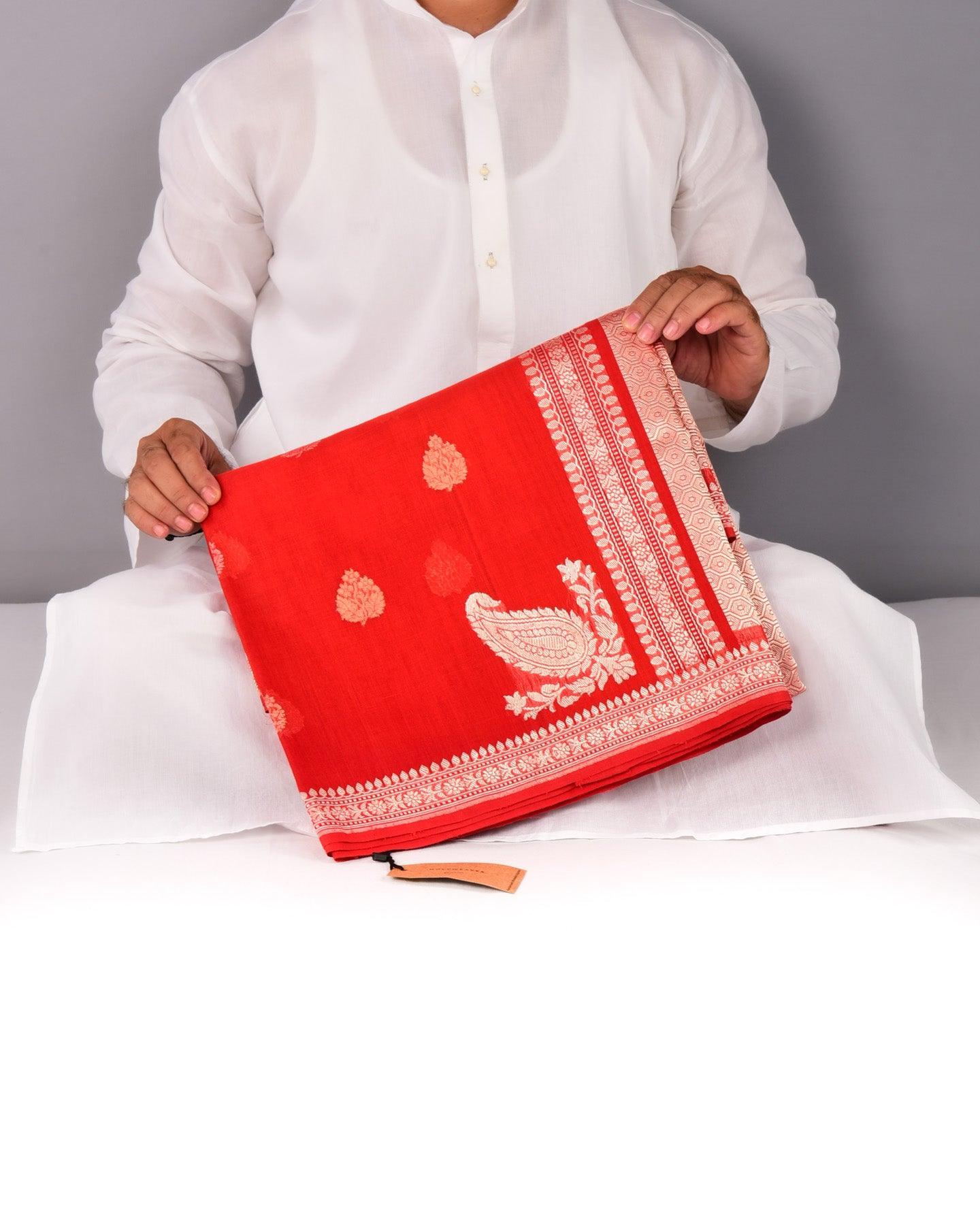 Red Banarasi Ektara Buti Kadhuan Brocade Handloom Cotton Saree - By HolyWeaves, Benares