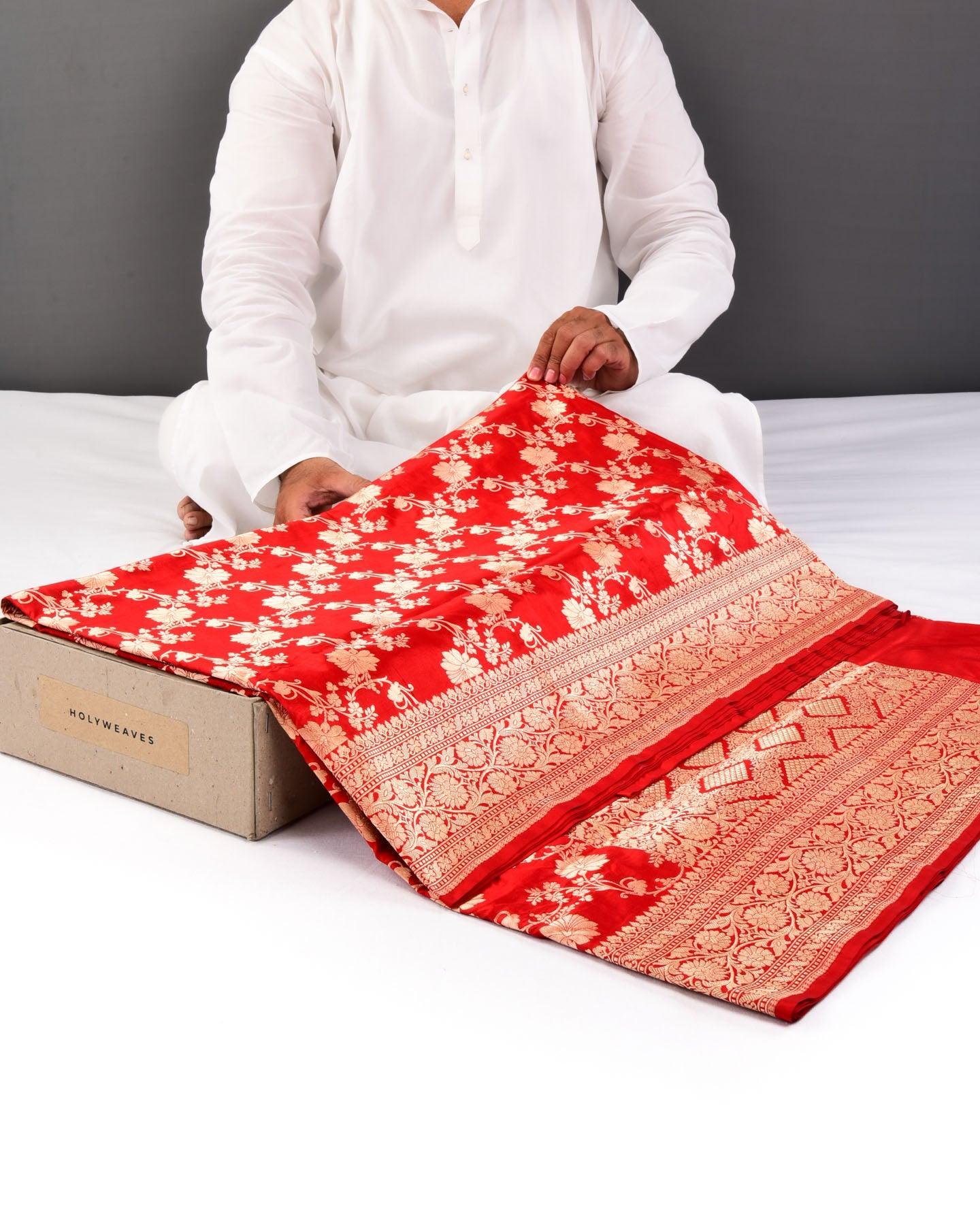 Red Banarasi Floral Jaal Cutwork Brocade Handwoven Katan Silk Saree - By HolyWeaves, Benares