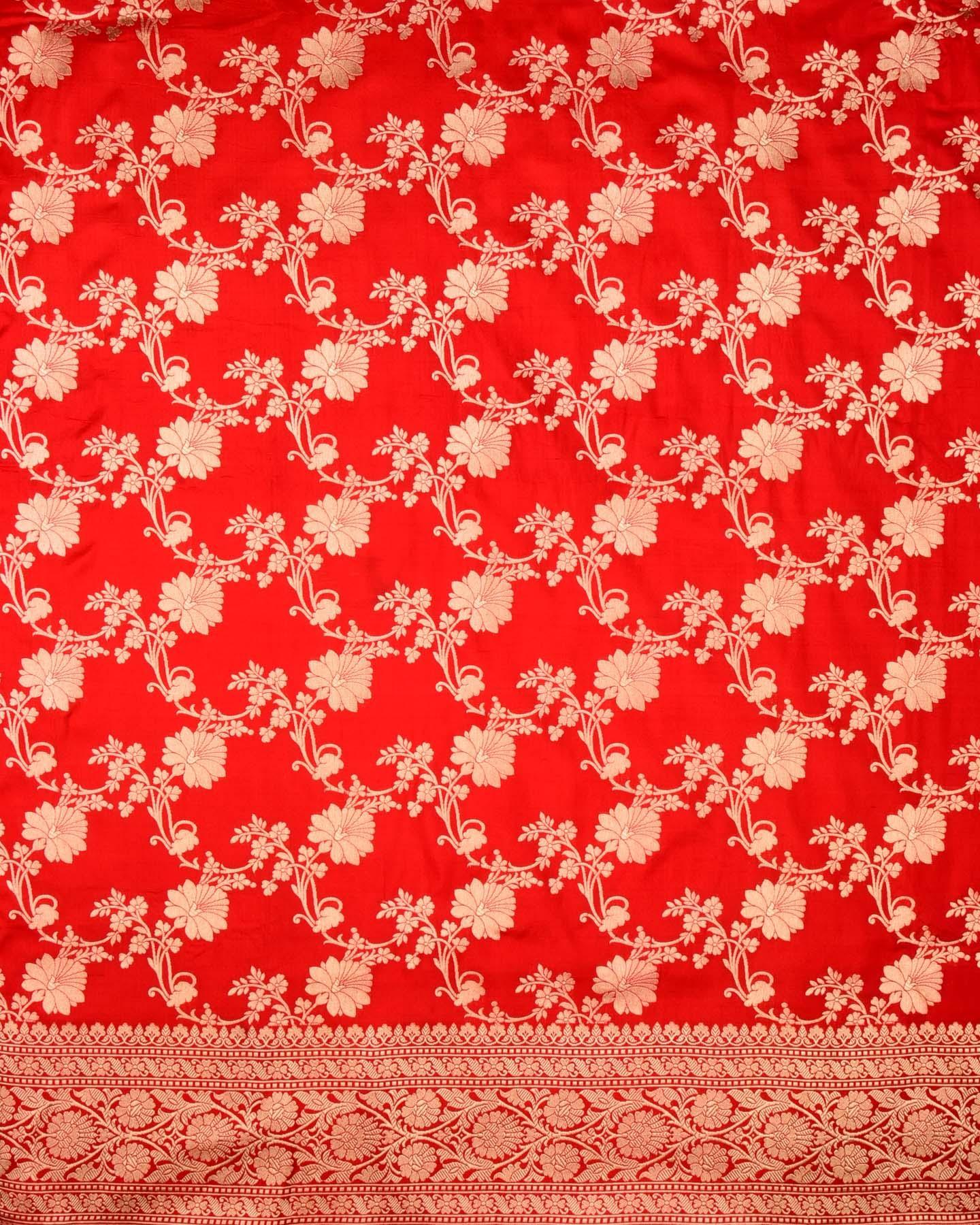 Red Banarasi Floral Jaal Cutwork Brocade Handwoven Katan Silk Saree - By HolyWeaves, Benares