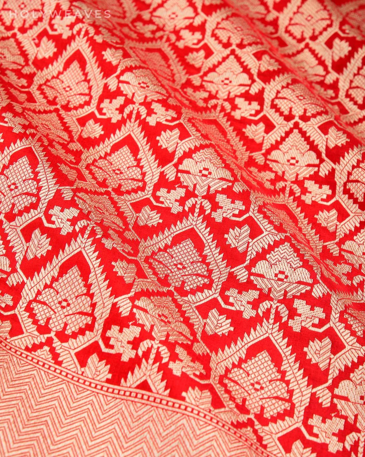 Red Banarasi Geometric Floral Jaal Brocade Handwoven Katan Silk Saree with Contrast Pink Blouse - By HolyWeaves, Benares