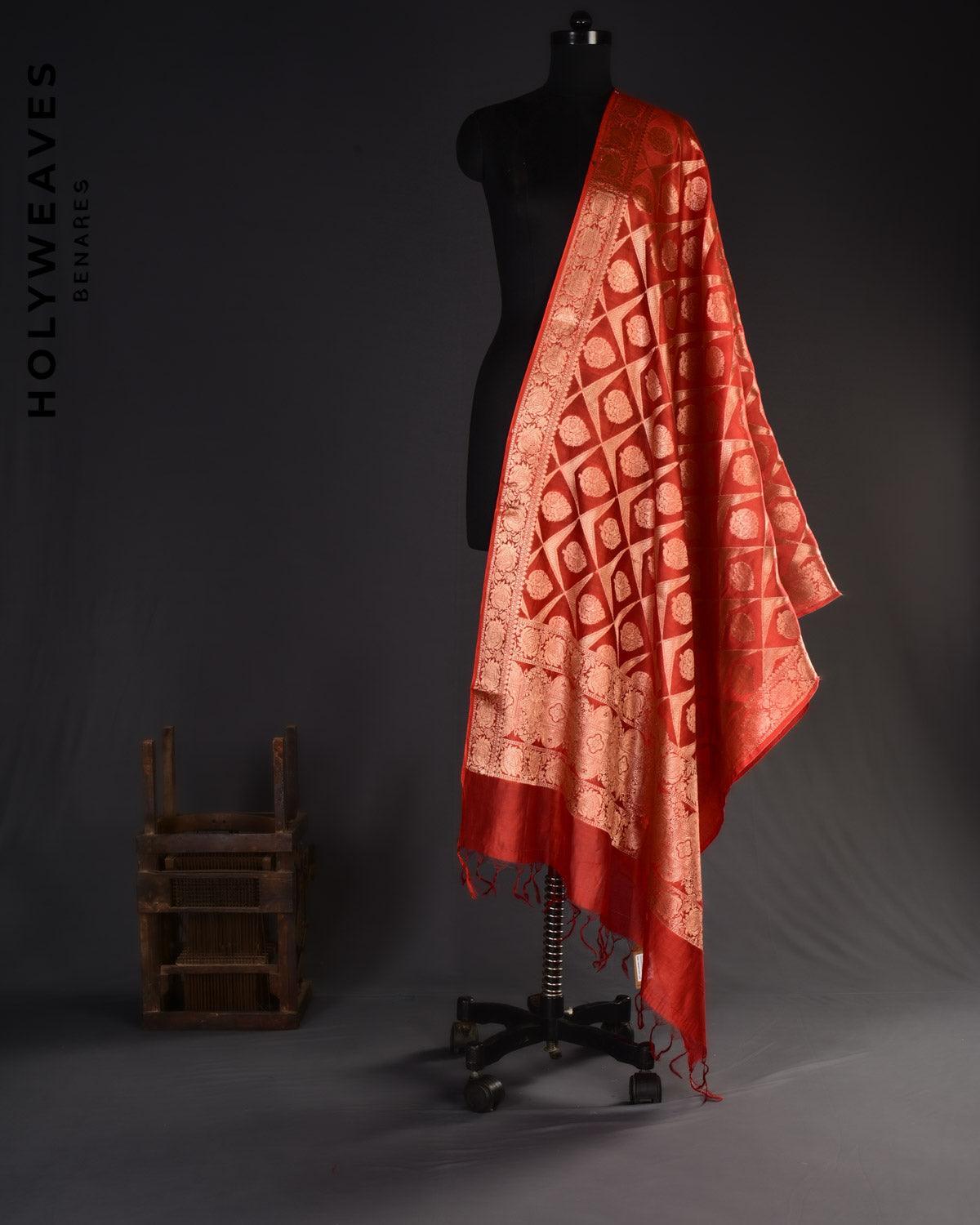 Red Banarasi Geometric Jangla Cutwork Brocade Woven Cotton Silk Dupatta - By HolyWeaves, Benares
