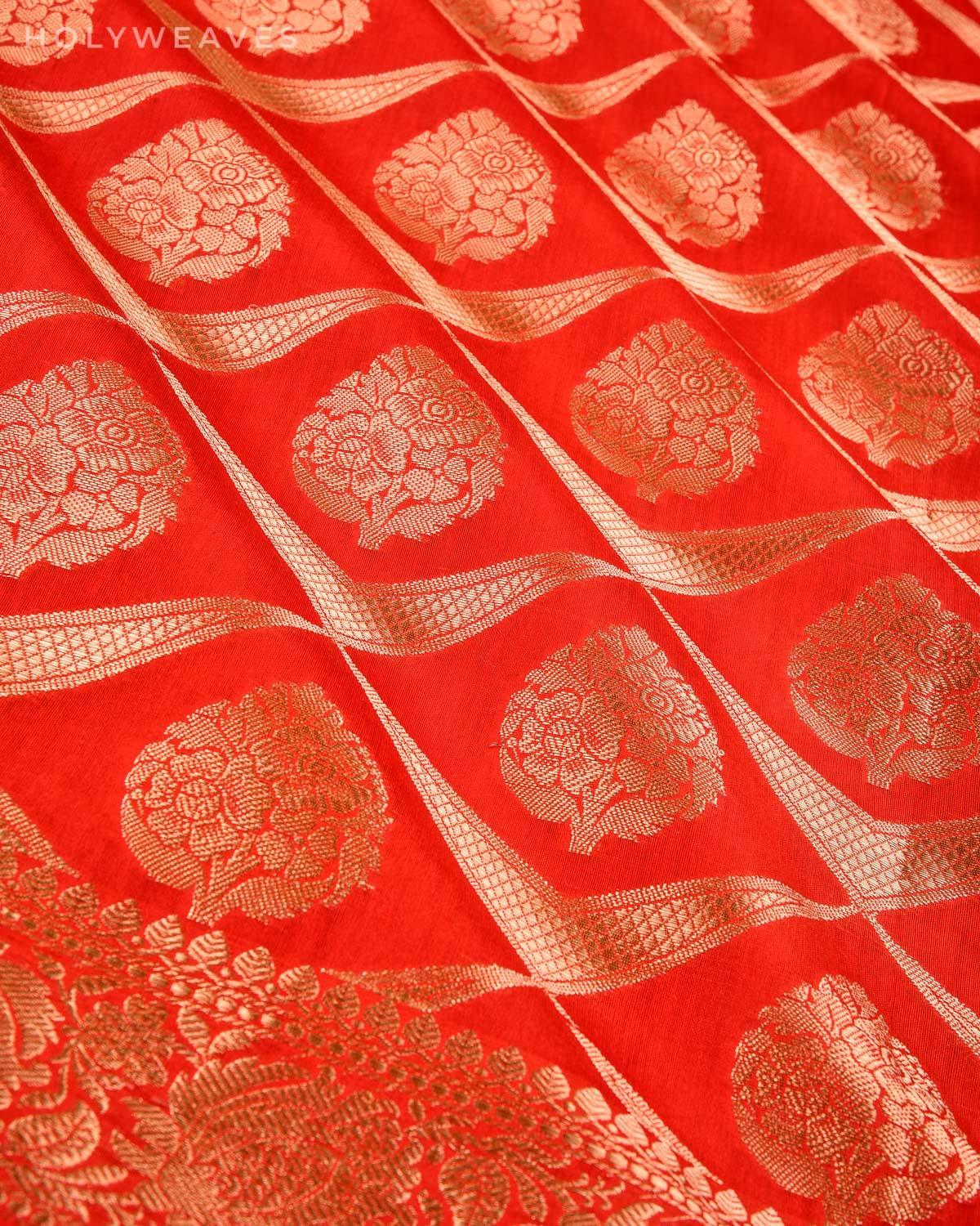 Red Banarasi Geometric Jangla Cutwork Brocade Woven Cotton Silk Dupatta - By HolyWeaves, Benares