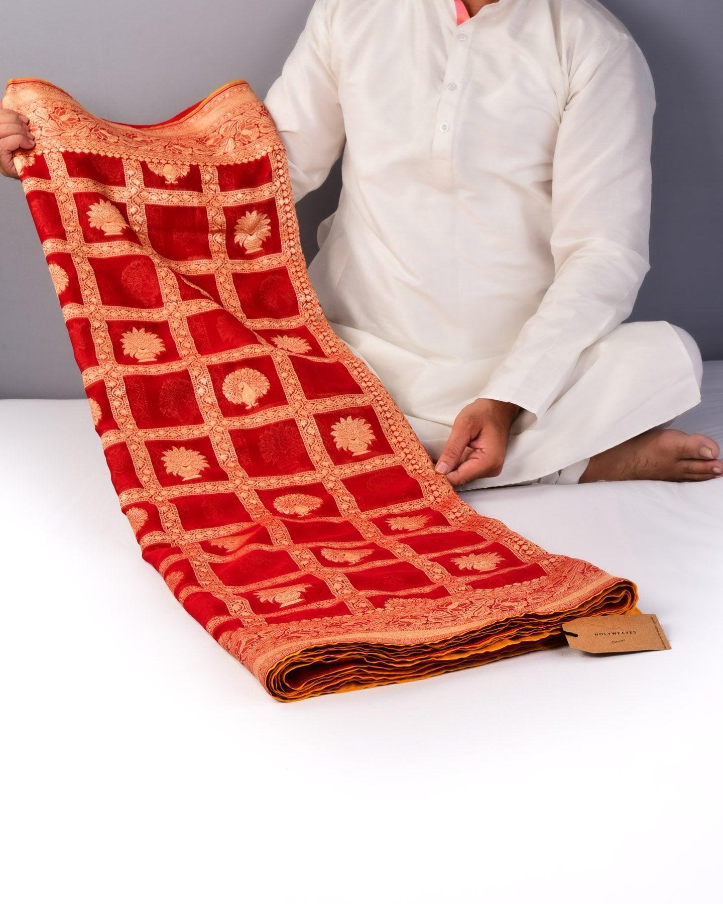 Red Banarasi Gharchola Cutwork Brocade Handwoven Khaddi Georgette Saree with Orange Lining - By HolyWeaves, Benares