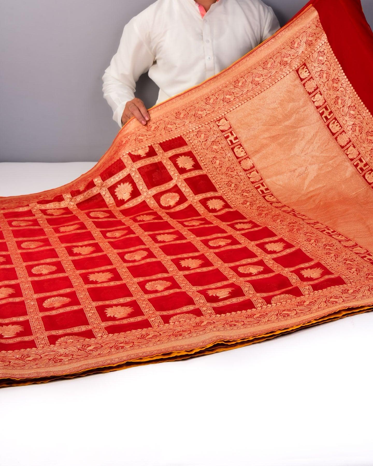 Red Banarasi Gharchola Cutwork Brocade Handwoven Khaddi Georgette Saree with Orange Lining - By HolyWeaves, Benares