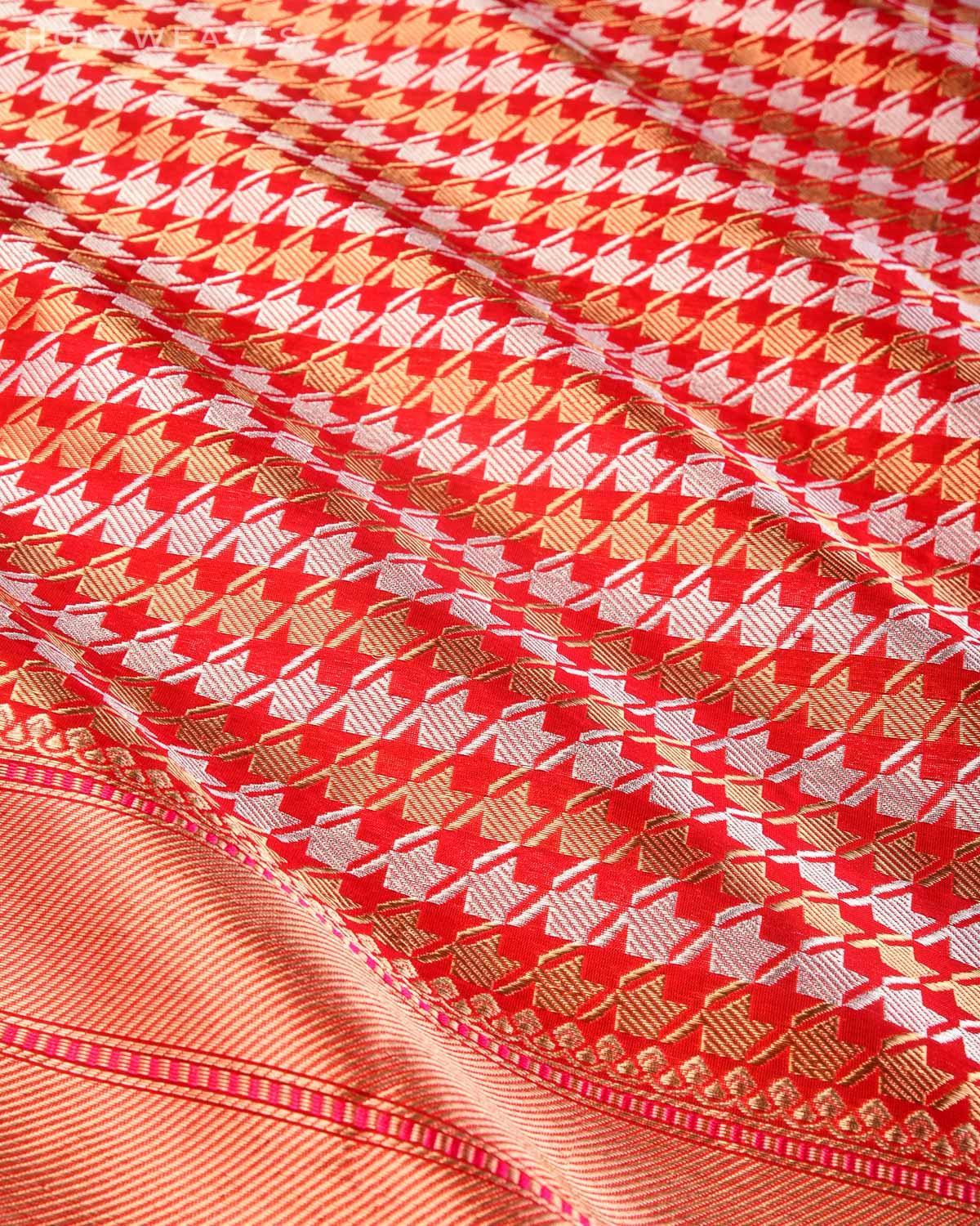 Red Banarasi Gold & Silver Houndstooth Brocade Handwoven Katan Silk Dupatta - By HolyWeaves, Benares