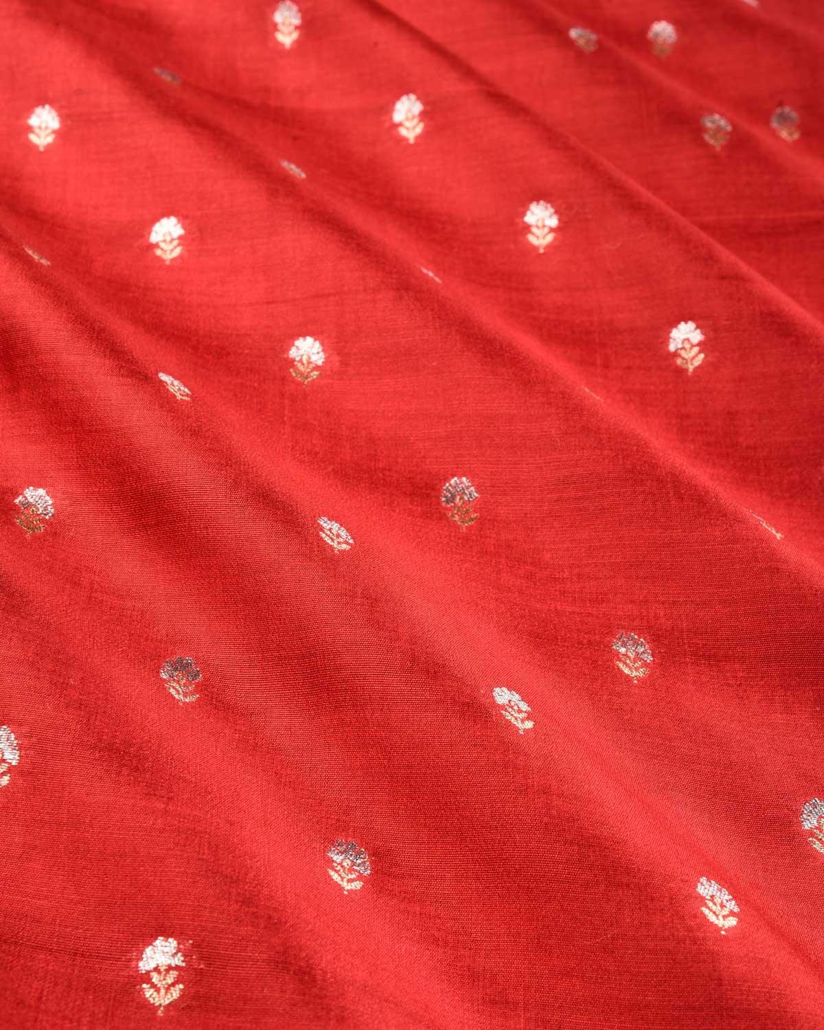 Red Banarasi Gold & Silver Zari Alfi Buti Cutwork Brocade Handwoven Spun Silk Fabric - By HolyWeaves, Benares