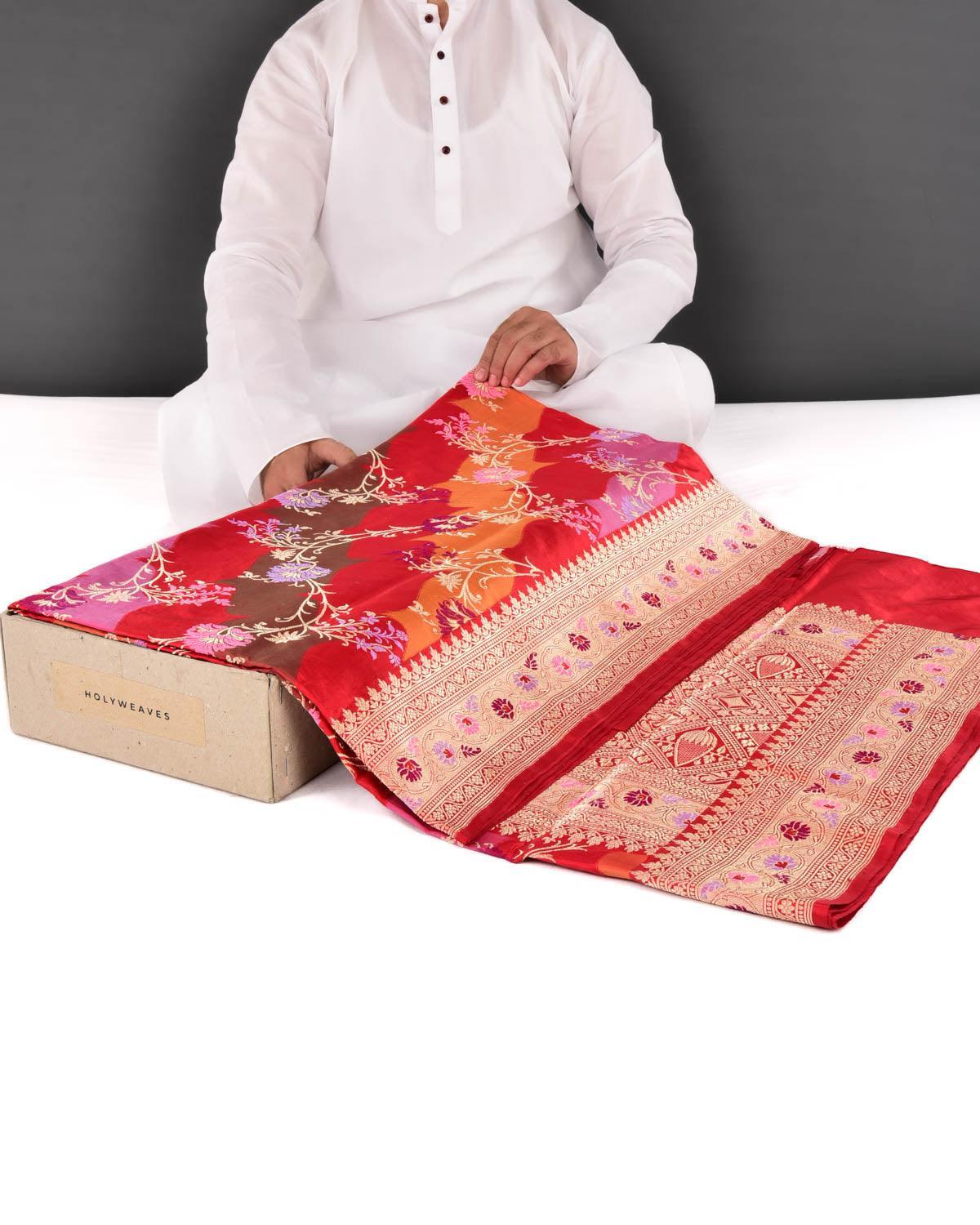 Red Banarasi Gold Zari and Resham Rangkaat Brocade Handwoven Katan Silk Saree - By HolyWeaves, Benares