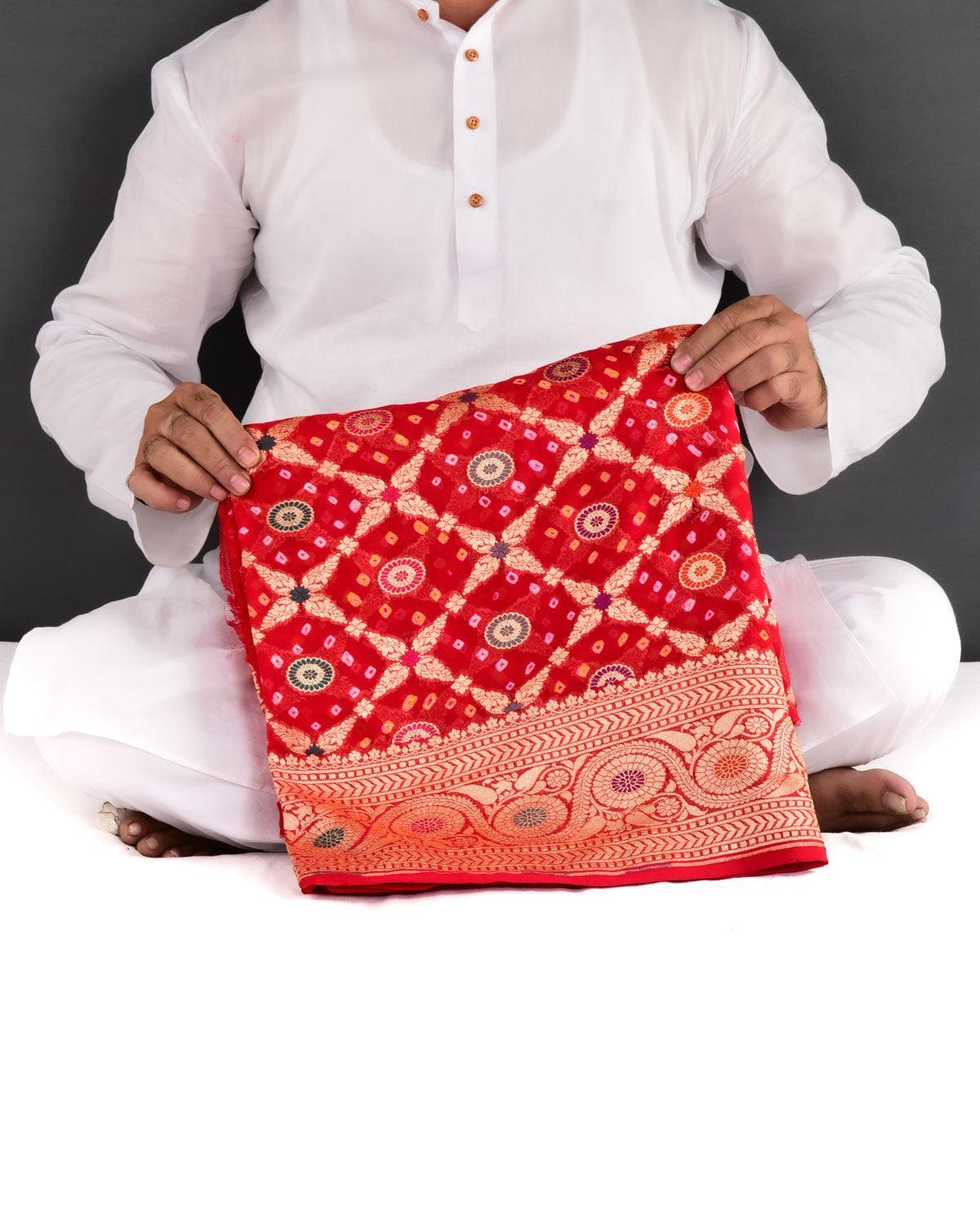 Red Banarasi Gold Zari with Meenekari Cutwork Brocade Handwoven Khaddi Georgette Saree with White & Yellow Bandhej - By HolyWeaves, Benares