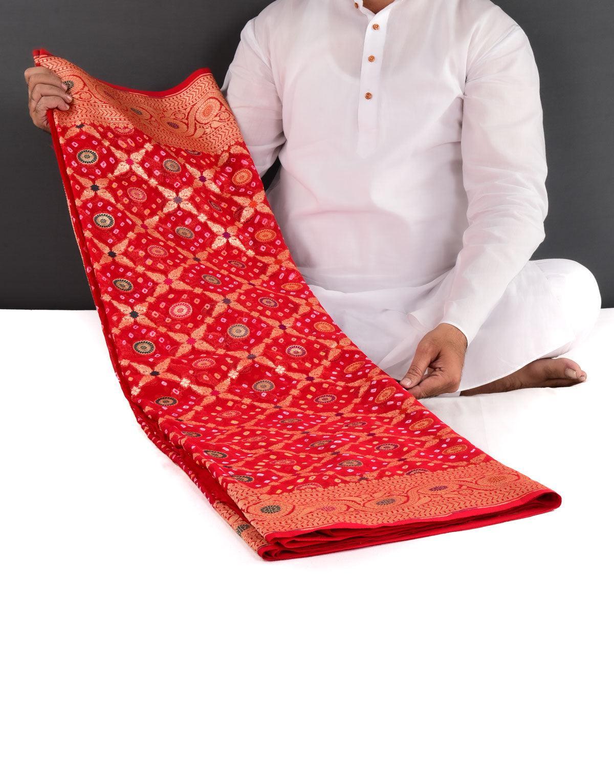 Red Banarasi Gold Zari with Meenekari Cutwork Brocade Handwoven Khaddi Georgette Saree with White & Yellow Bandhej - By HolyWeaves, Benares