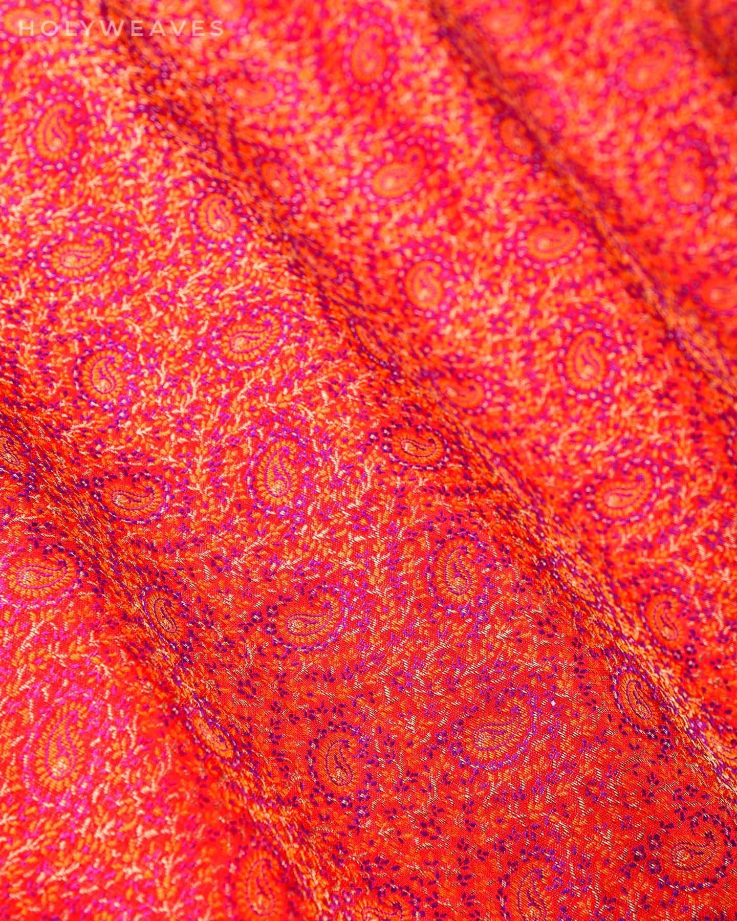 Red Banarasi Jamawar Handwoven Katan Silk Fabric with Zari Accents - By HolyWeaves, Benares