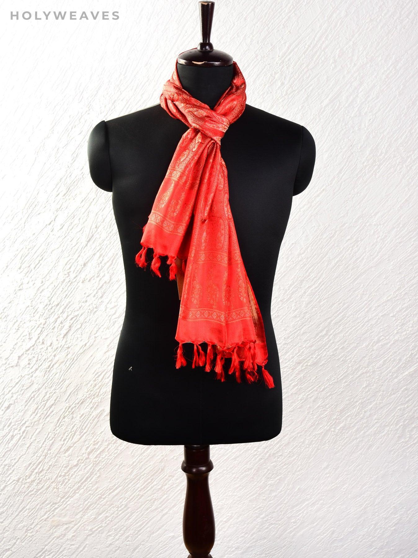 Red Banarasi Jamawar Handwoven Silk Scarf 72"x21" - By HolyWeaves, Benares