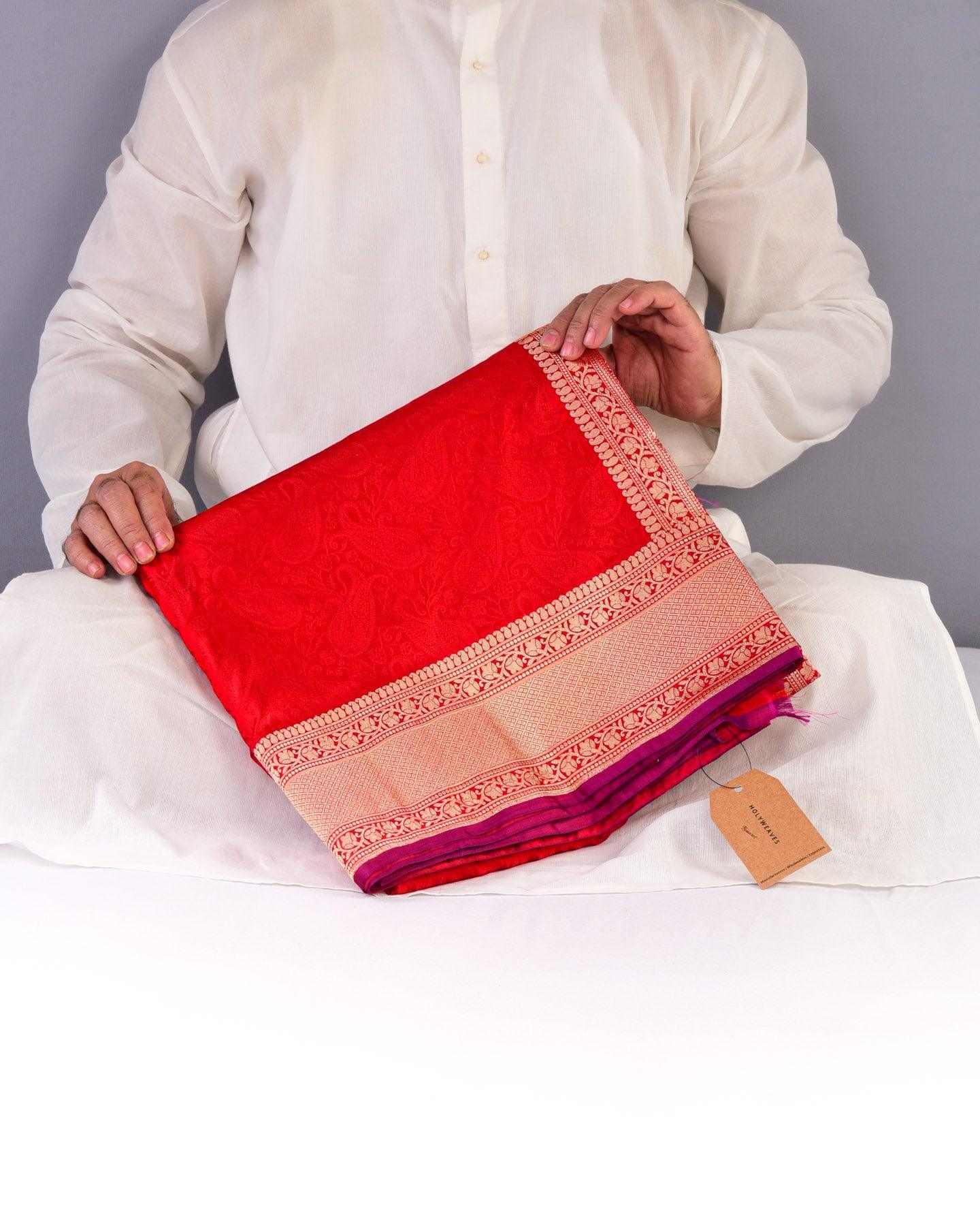 Red Banarasi Kairi Jaal Tanchoi Brocade Handwoven Katan Silk Saree - By HolyWeaves, Benares