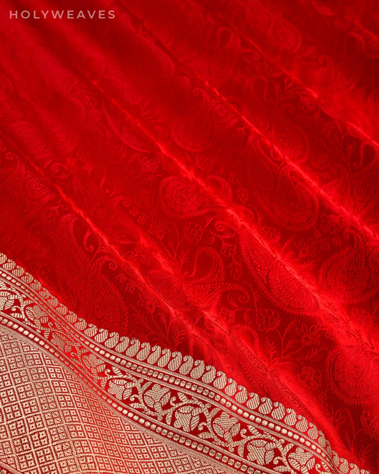 Red Banarasi Kairi Jaal Tanchoi Brocade Handwoven Katan Silk Saree - By HolyWeaves, Benares