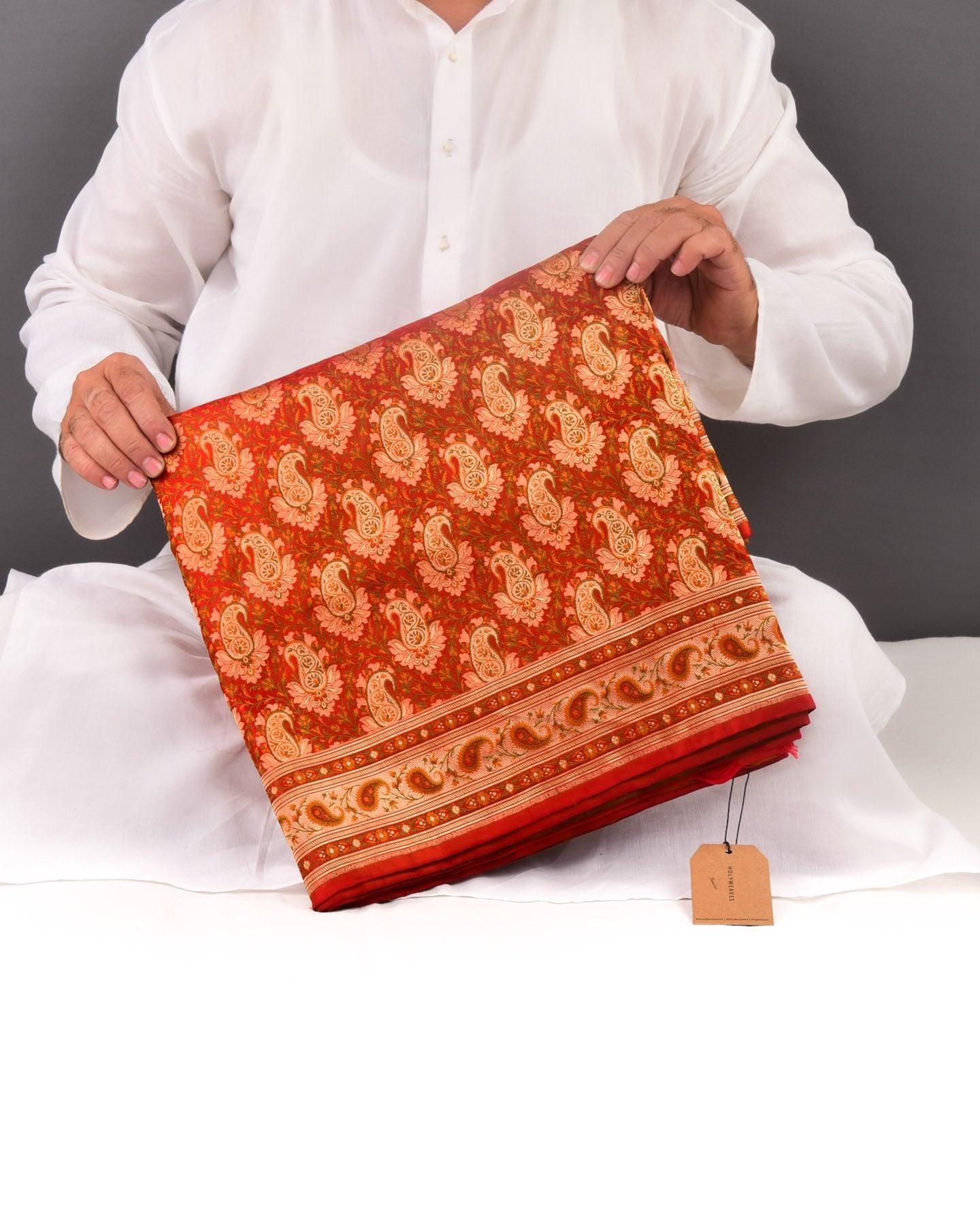 Red Banarasi Kairi Jaal Tehri Jamawar Brocade Handwoven Katan Silk Saree - By HolyWeaves, Benares