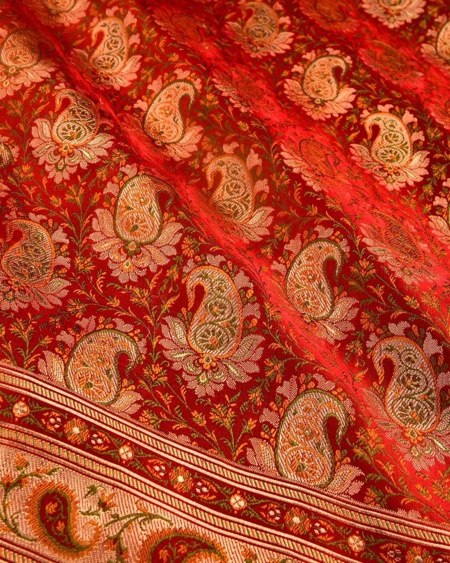 Red Banarasi Kairi Jaal Tehri Jamawar Brocade Handwoven Katan Silk Saree - By HolyWeaves, Benares