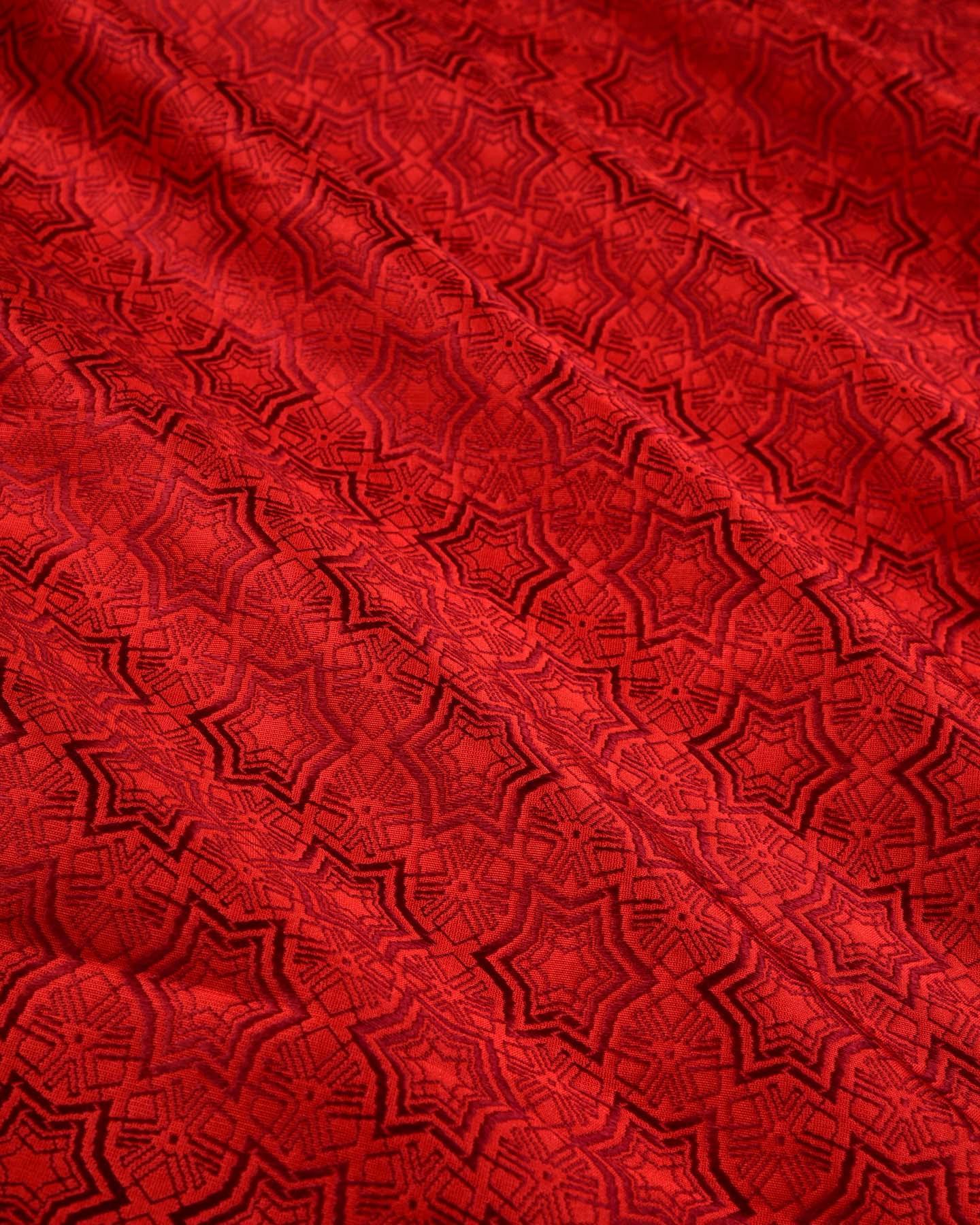 Red Banarasi Kaleidoscopic Stars Tanchoi Handwoven Katan Silk Fabric - By HolyWeaves, Benares