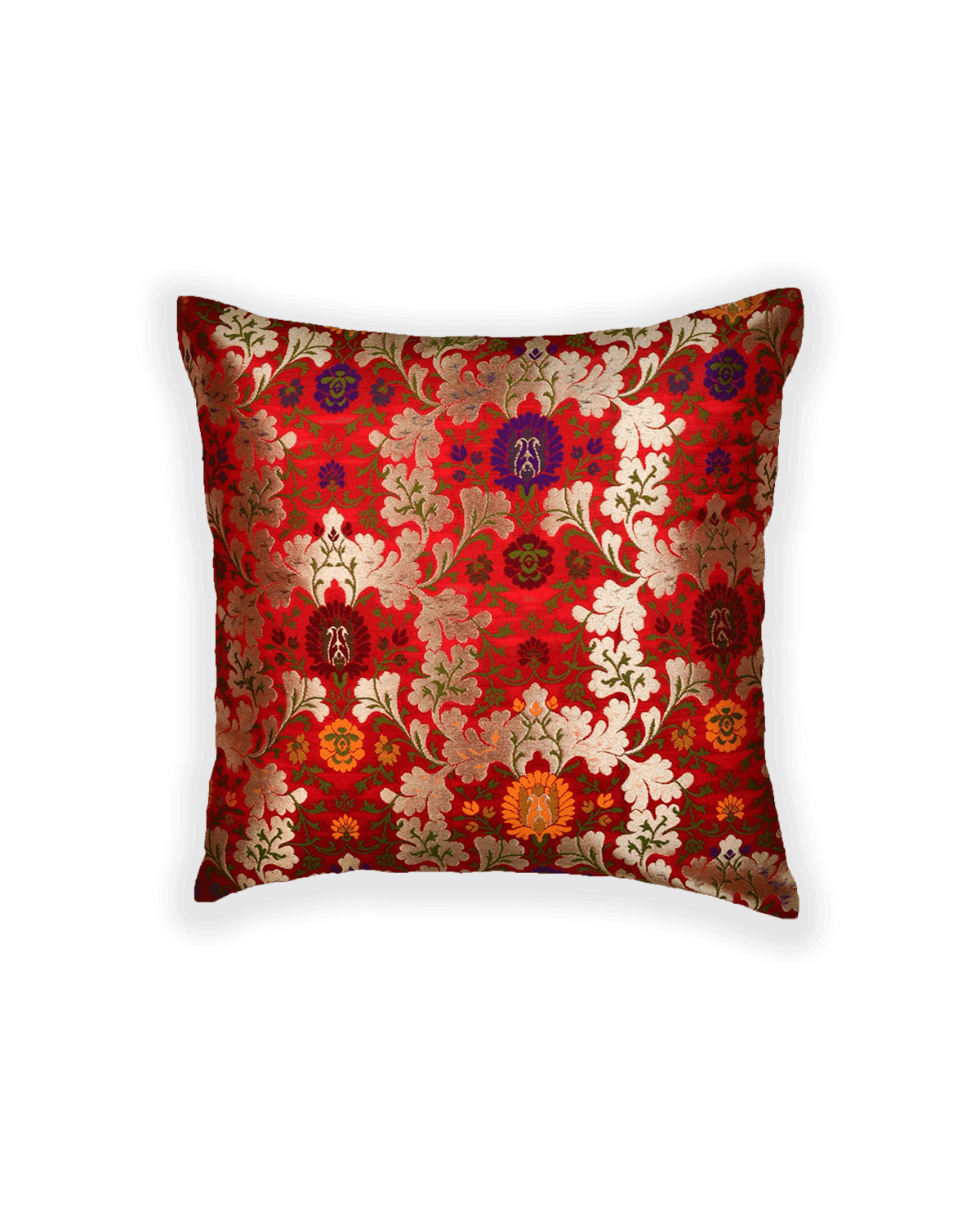 Red Banarasi Kimkhwab Brocade Poly Silk Cushion Cover 16" - By HolyWeaves, Benares