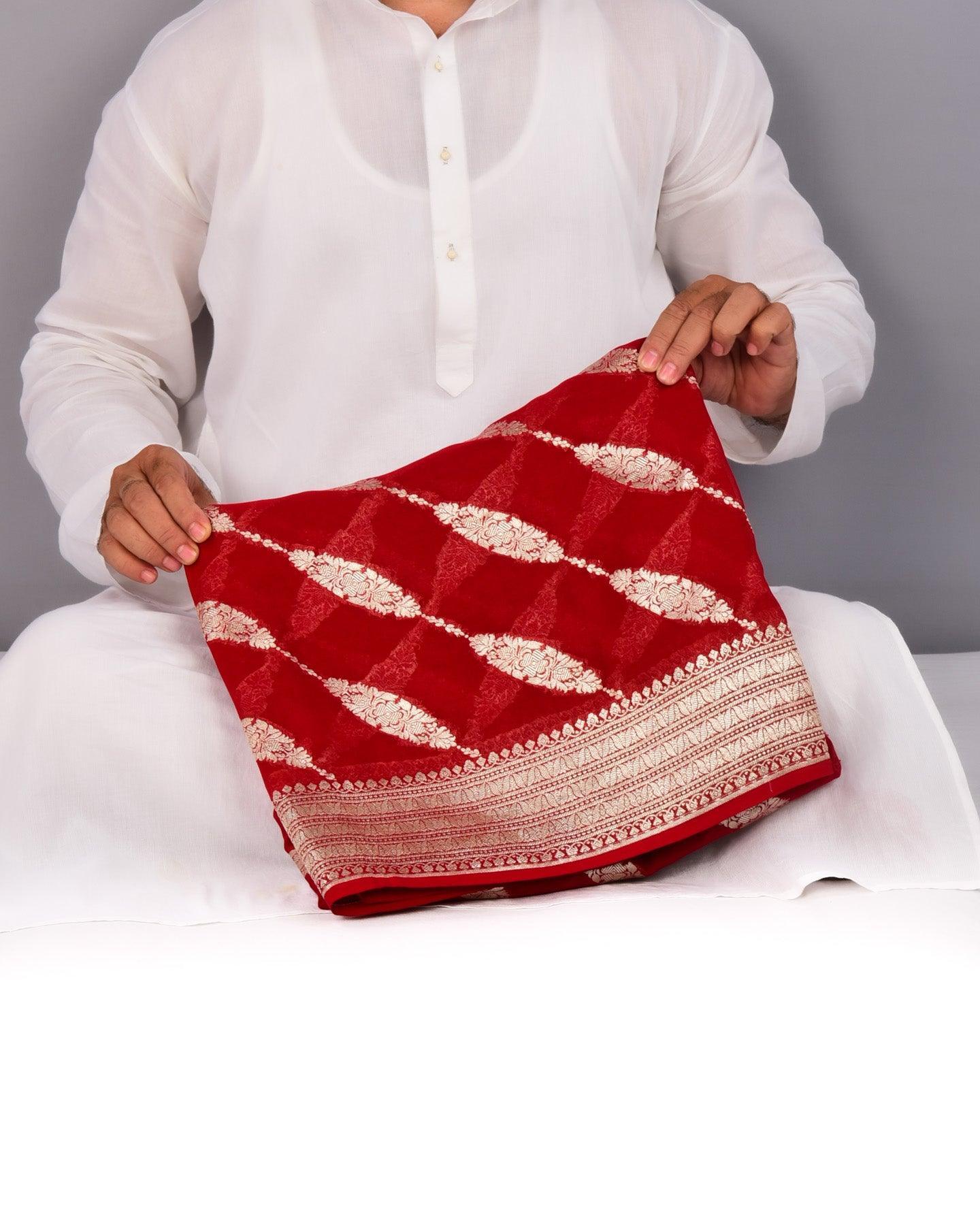 Red Banarasi Leheriya Cutwork Brocade Handwoven Khaddi Georgette Saree - By HolyWeaves, Benares