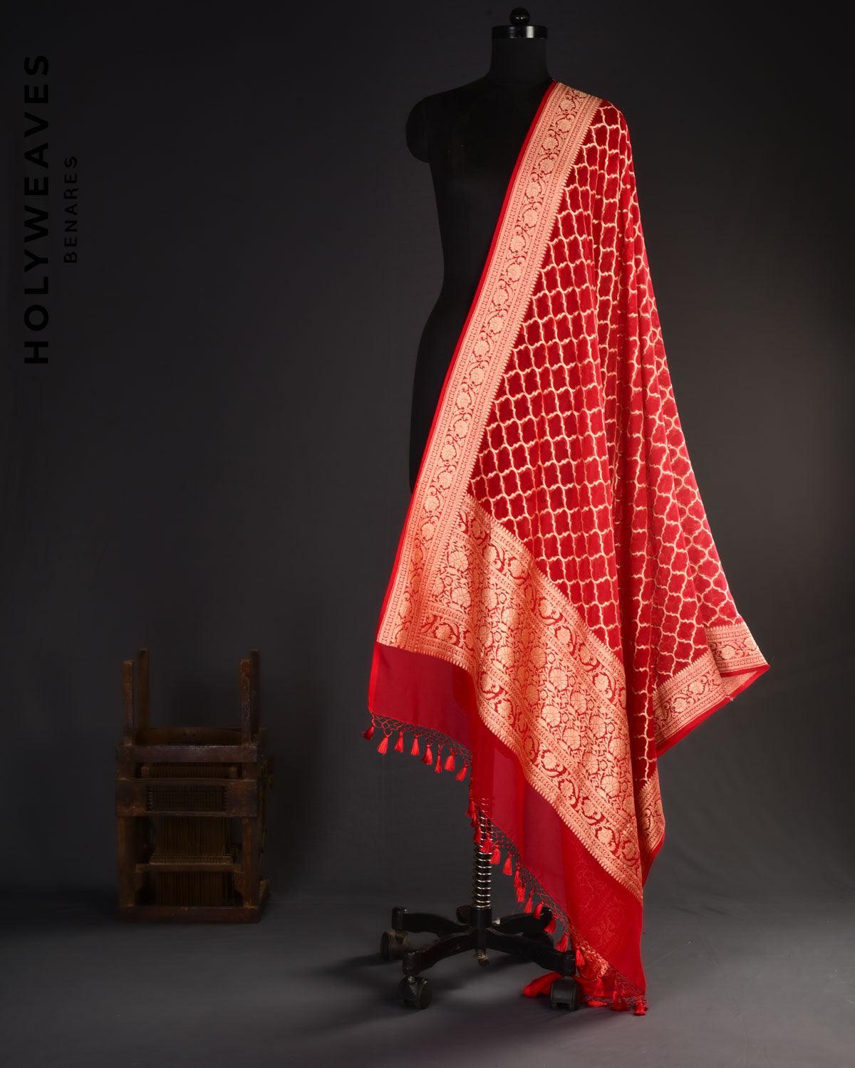 Red Banarasi Moroccon Grid Cutwork Brocade Handwoven Khaddi Georgette Dupatta - By HolyWeaves, Benares