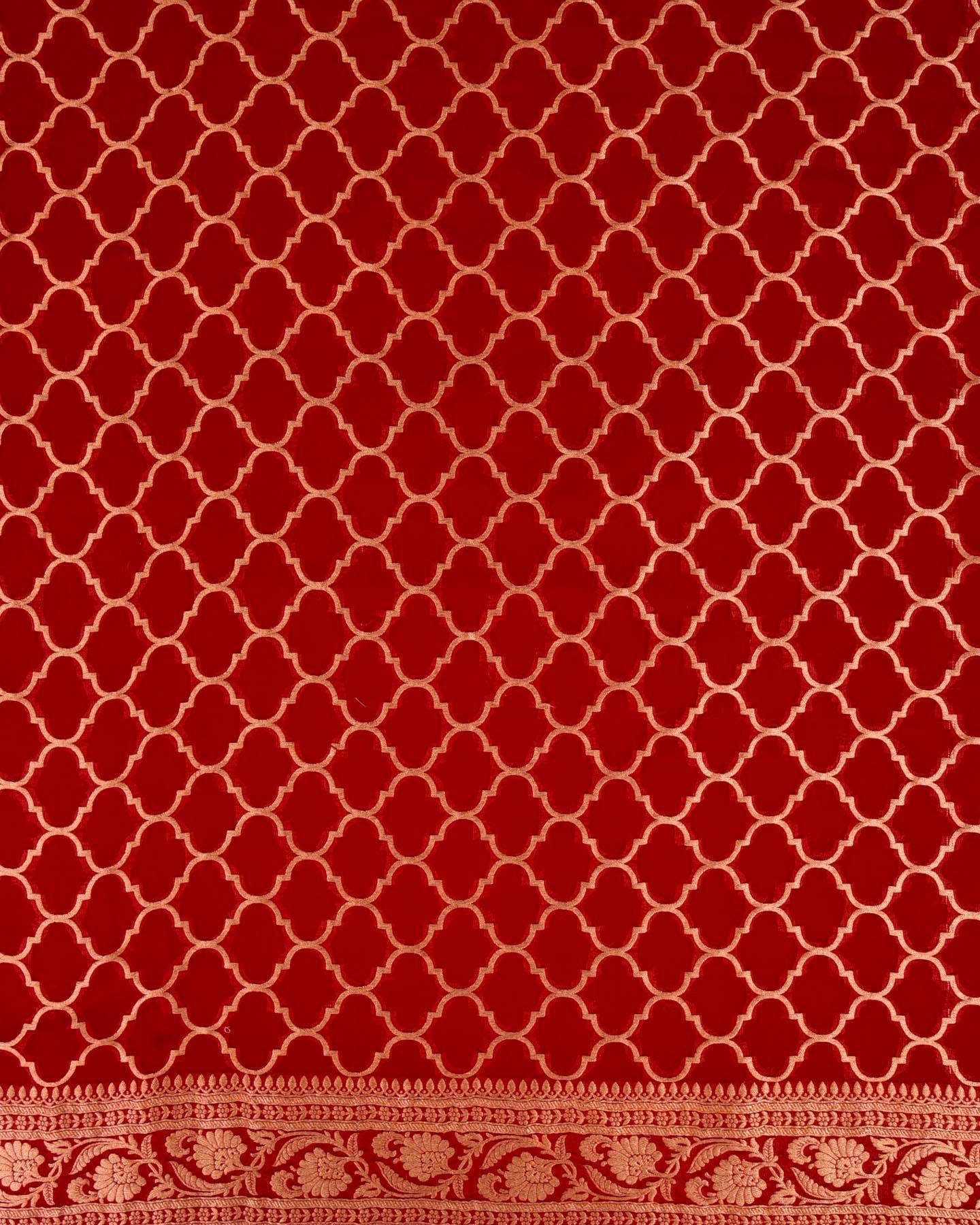 Red Banarasi Moroccon Grid Cutwork Brocade Handwoven Khaddi Georgette Dupatta - By HolyWeaves, Benares