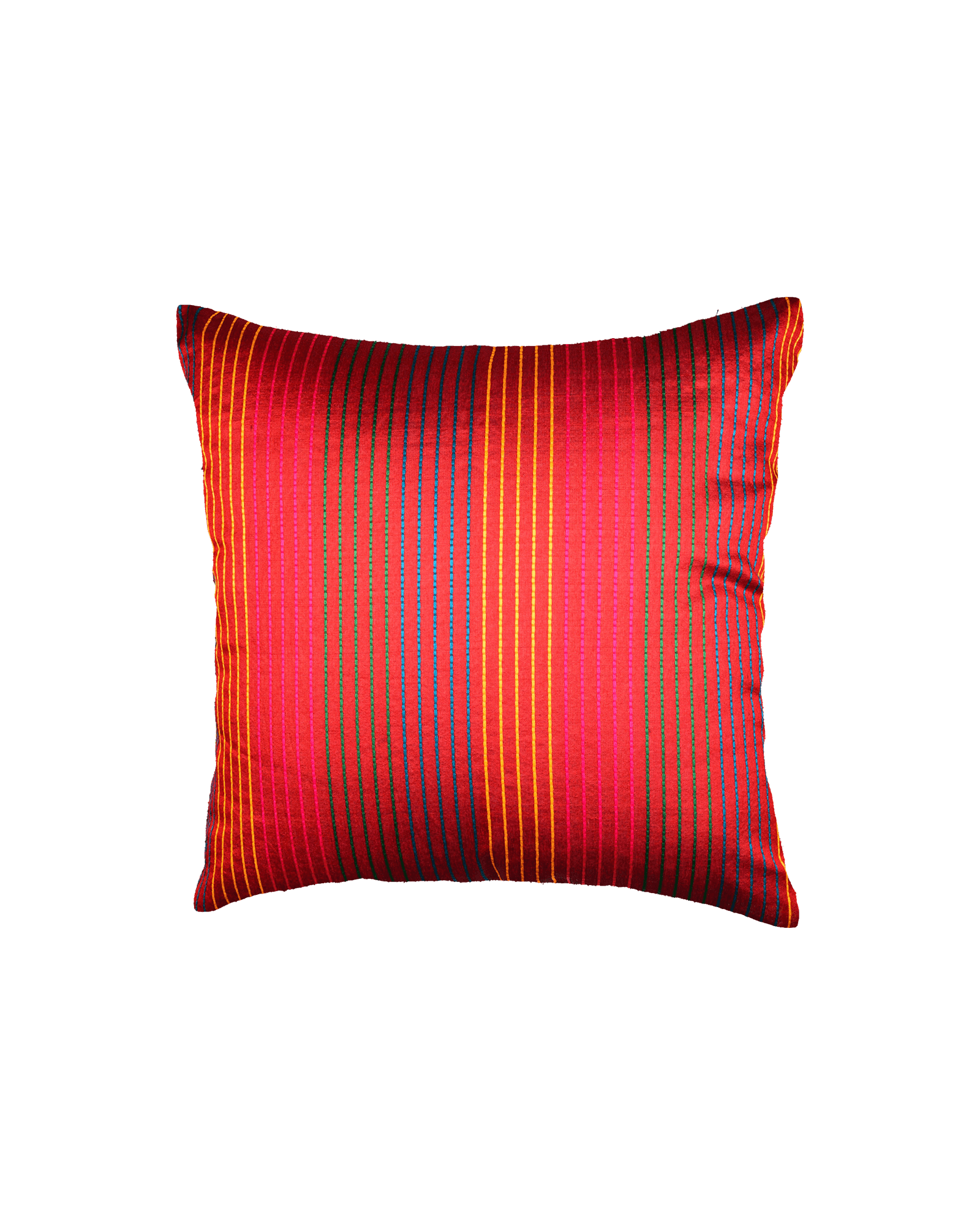 Red Banarasi Multi-color Stripes Poly Silk Cushion Cover 16" - By HolyWeaves, Benares
