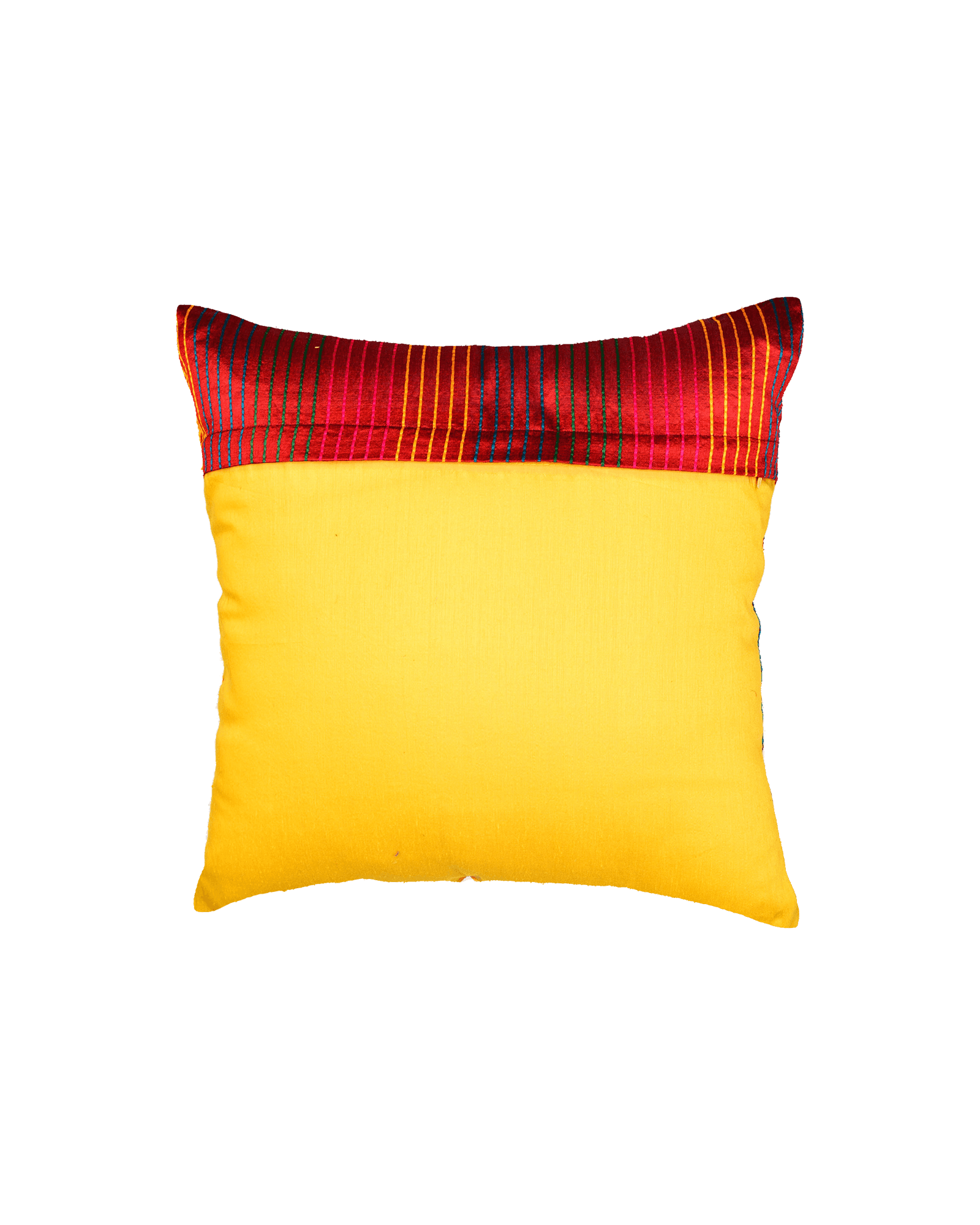 Red Banarasi Multi-color Stripes Poly Silk Cushion Cover 16" - By HolyWeaves, Benares