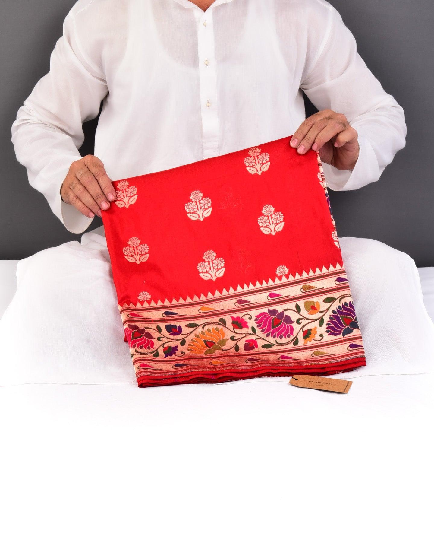 Red Banarasi Paithani Brocade Handwoven Katan Silk Saree - By HolyWeaves, Benares