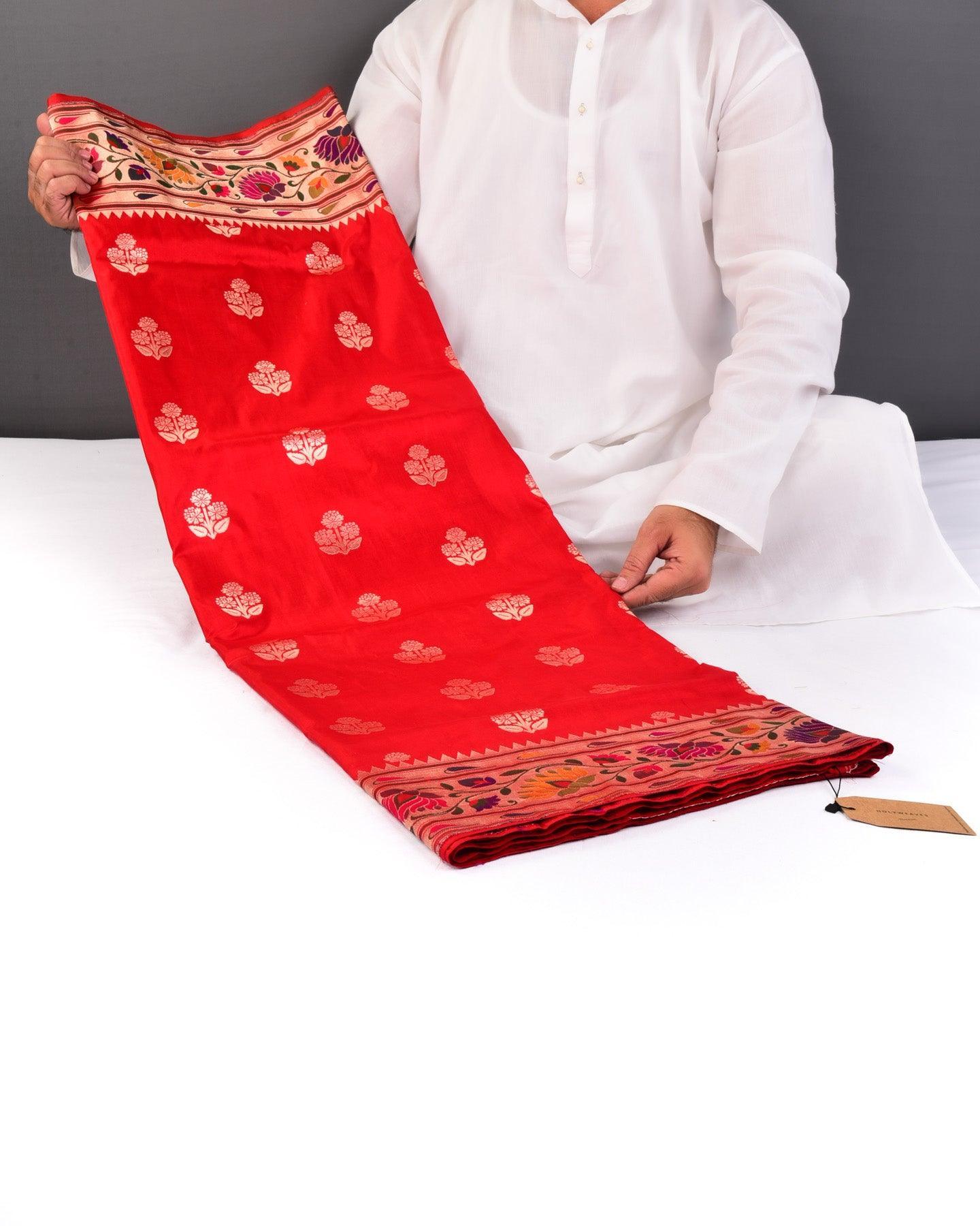 Red Banarasi Paithani Brocade Handwoven Katan Silk Saree - By HolyWeaves, Benares