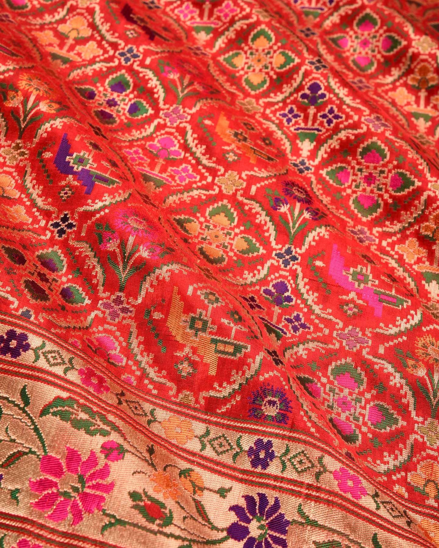 Red Banarasi Patola Chauhara Meena Cutwork Brocade Handwoven Katan Silk Saree - By HolyWeaves, Benares