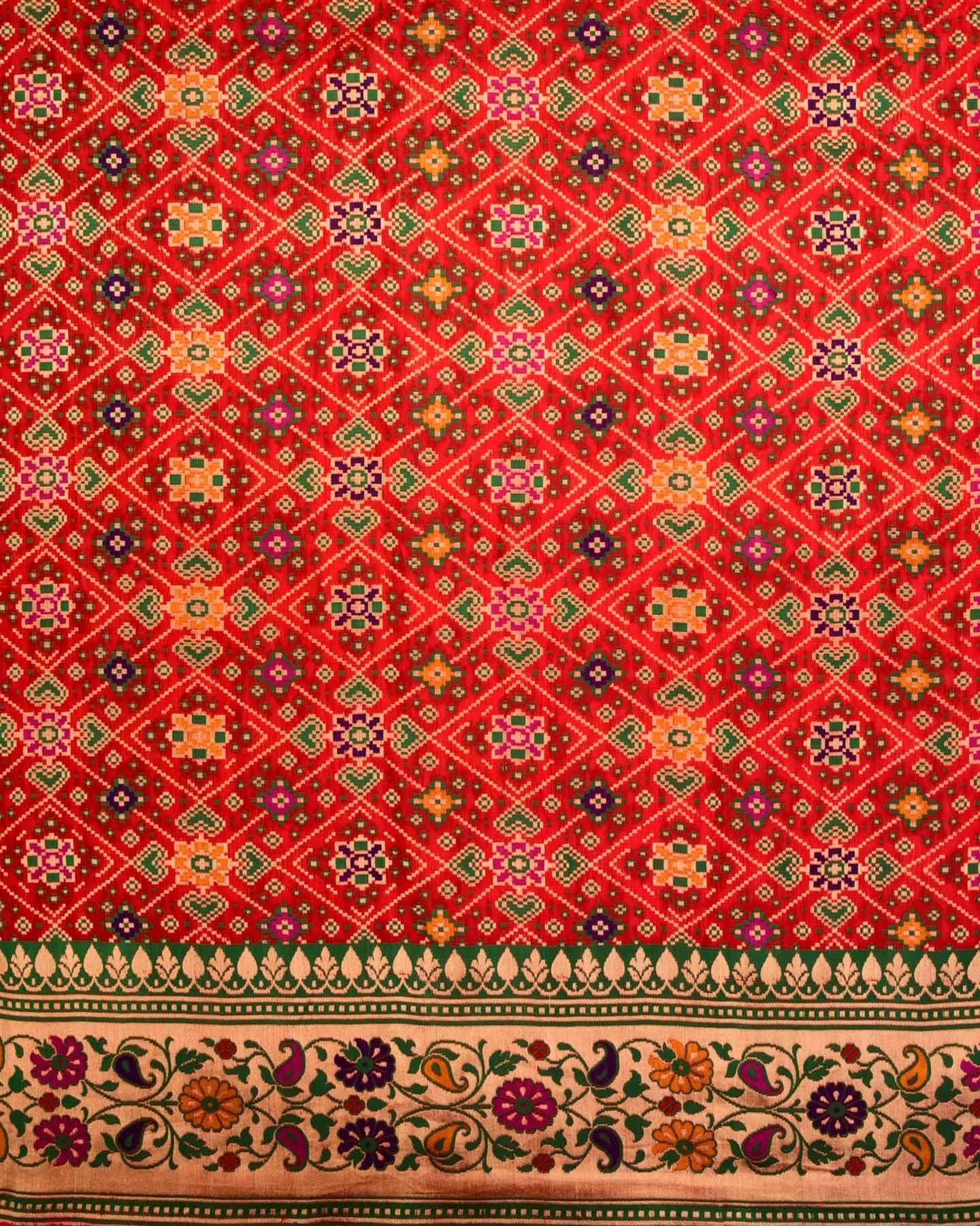 Red Banarasi Patola Chauhara Meena Cutwork Brocade Handwoven Katan Silk Saree - By HolyWeaves, Benares